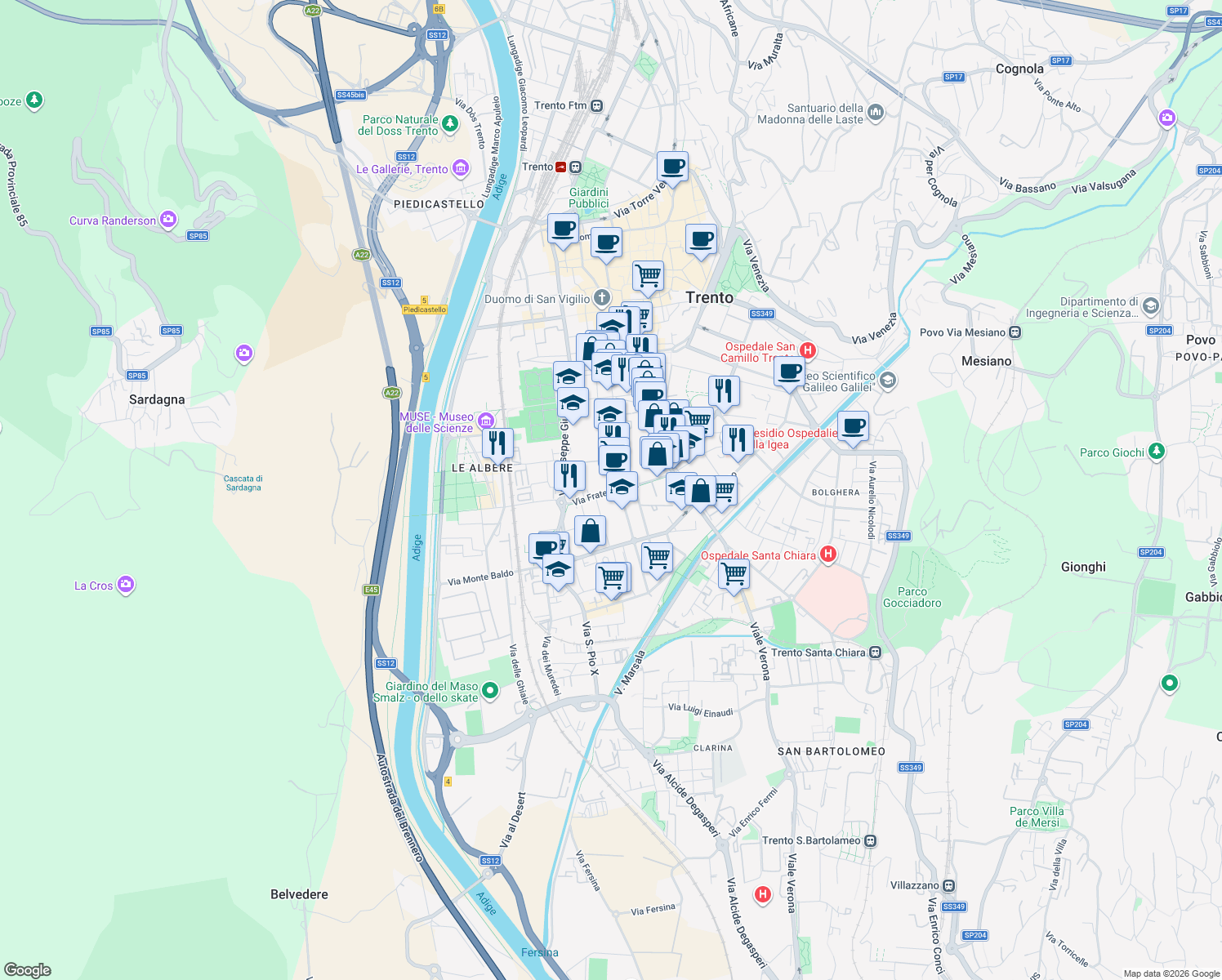map of restaurants, bars, coffee shops, grocery stores, and more near 87 Via Fratelli Perini in Trento
