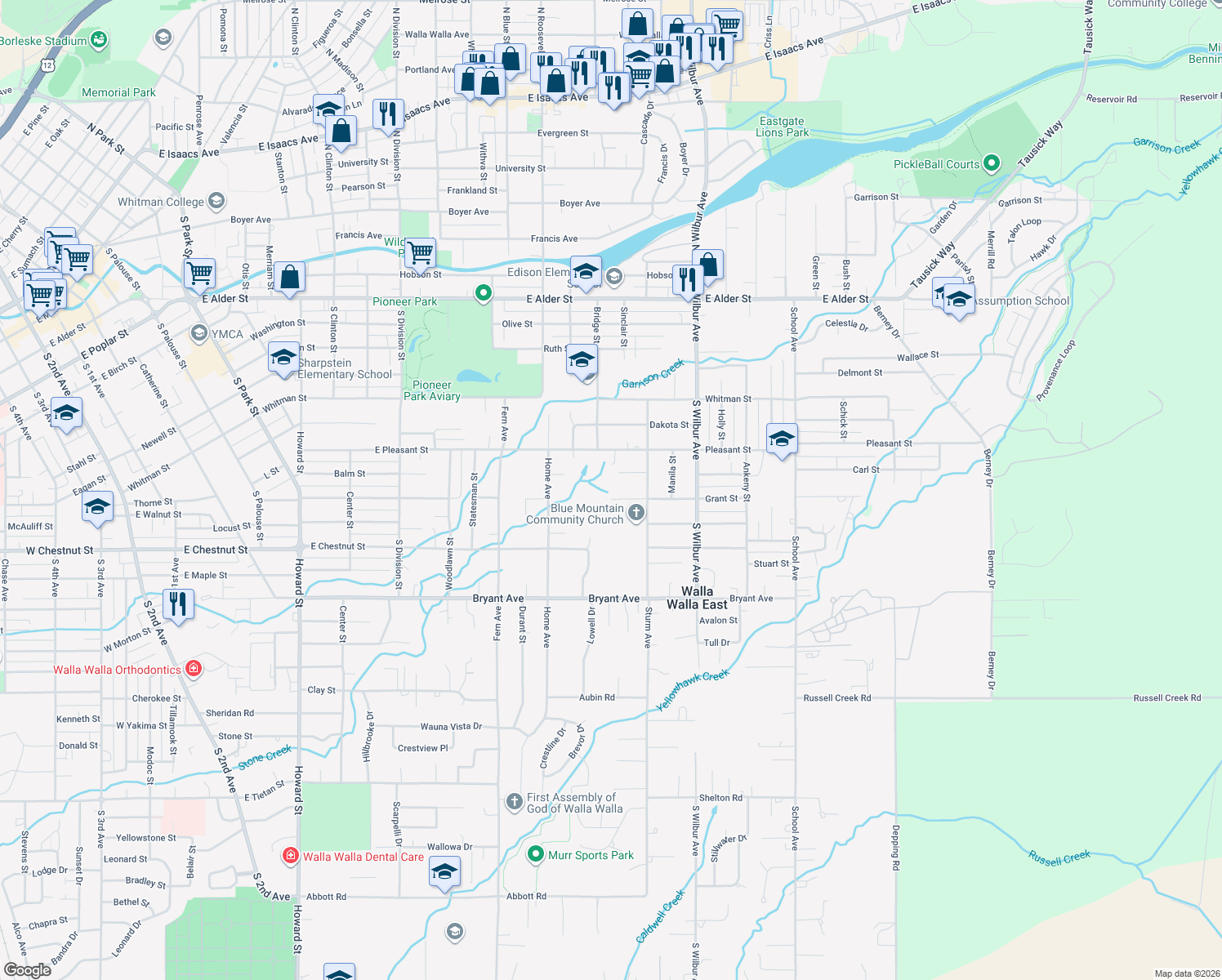 map of restaurants, bars, coffee shops, grocery stores, and more near 1231 Grant Street in Walla Walla