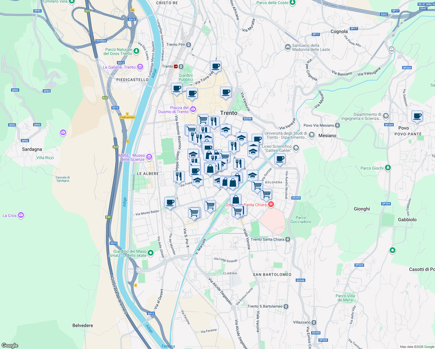 map of restaurants, bars, coffee shops, grocery stores, and more near 3 Via Bartolomeo Malfatti in Trento