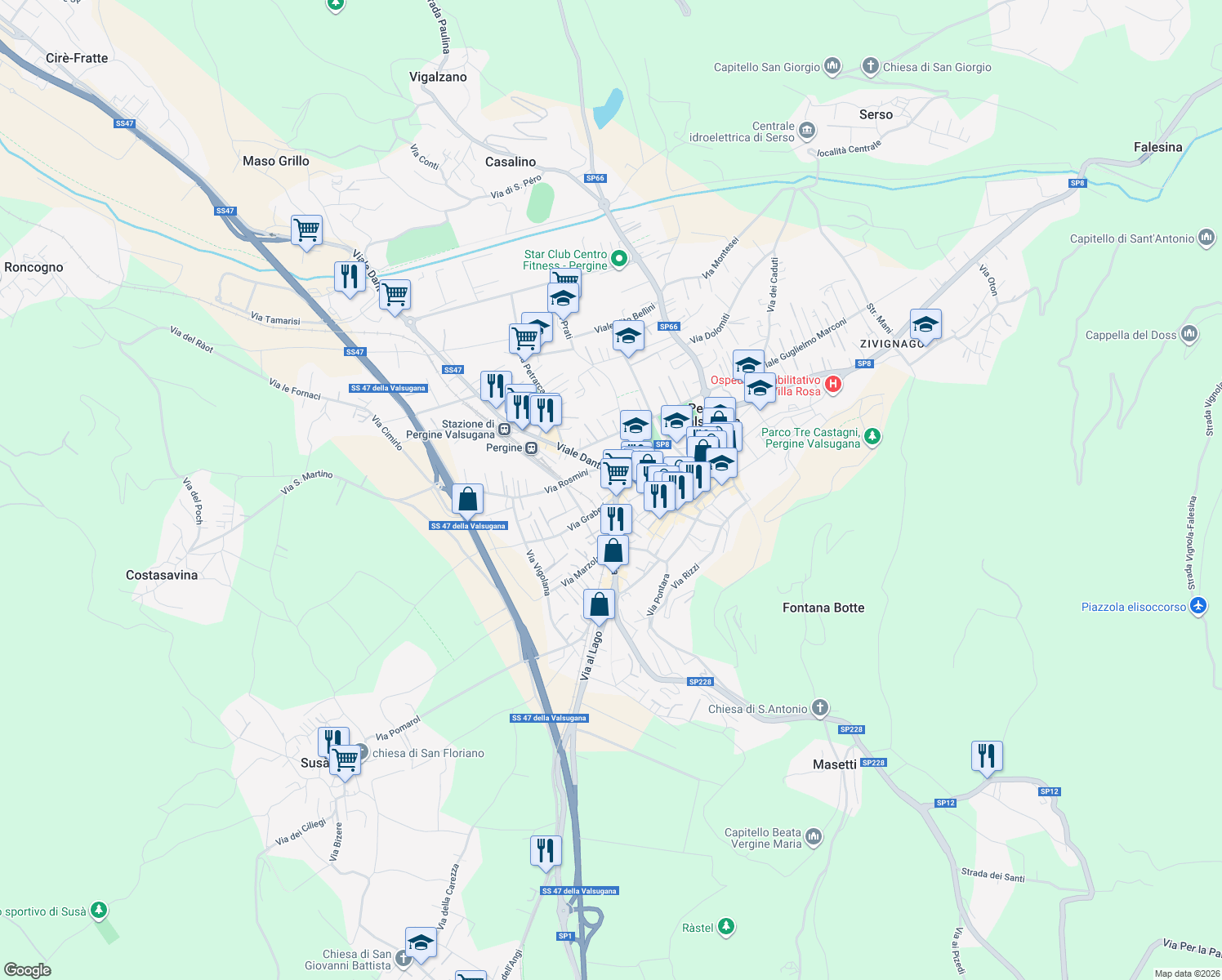 map of restaurants, bars, coffee shops, grocery stores, and more near 24 Viale Venezia in Pergine Valsugana
