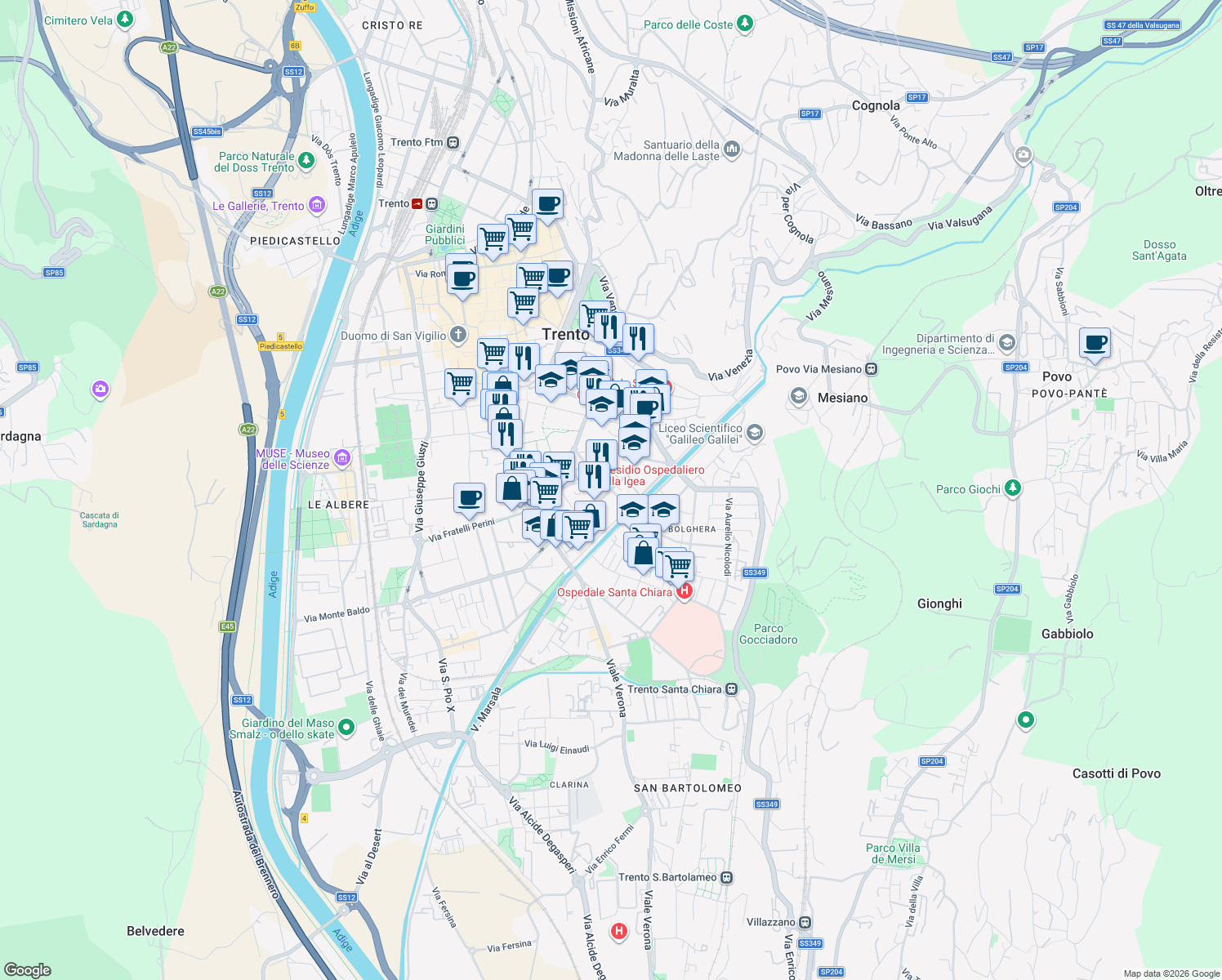 map of restaurants, bars, coffee shops, grocery stores, and more near 14 Via dei Mille in Trento