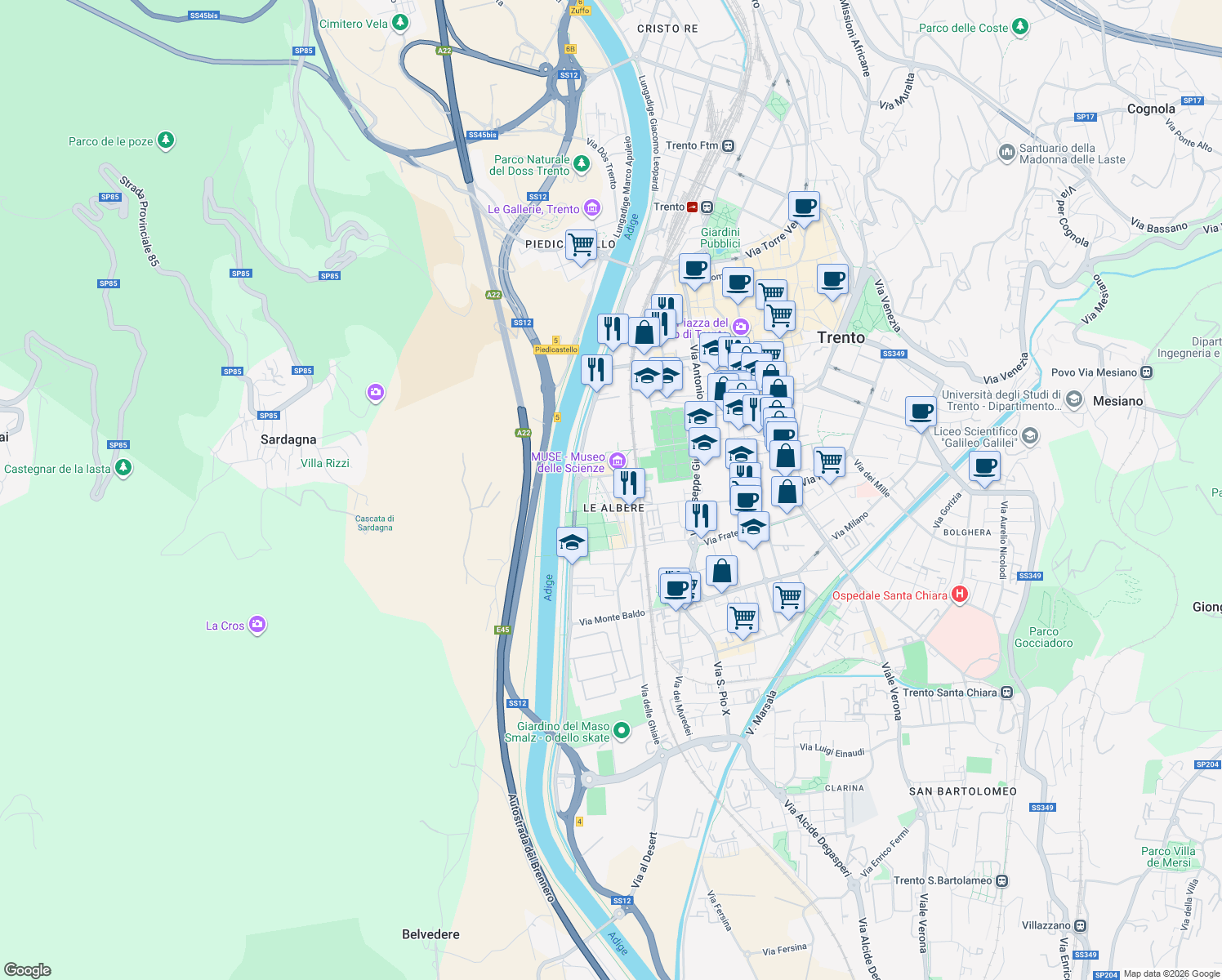 map of restaurants, bars, coffee shops, grocery stores, and more near 113 Viale della Costituzione in Trento