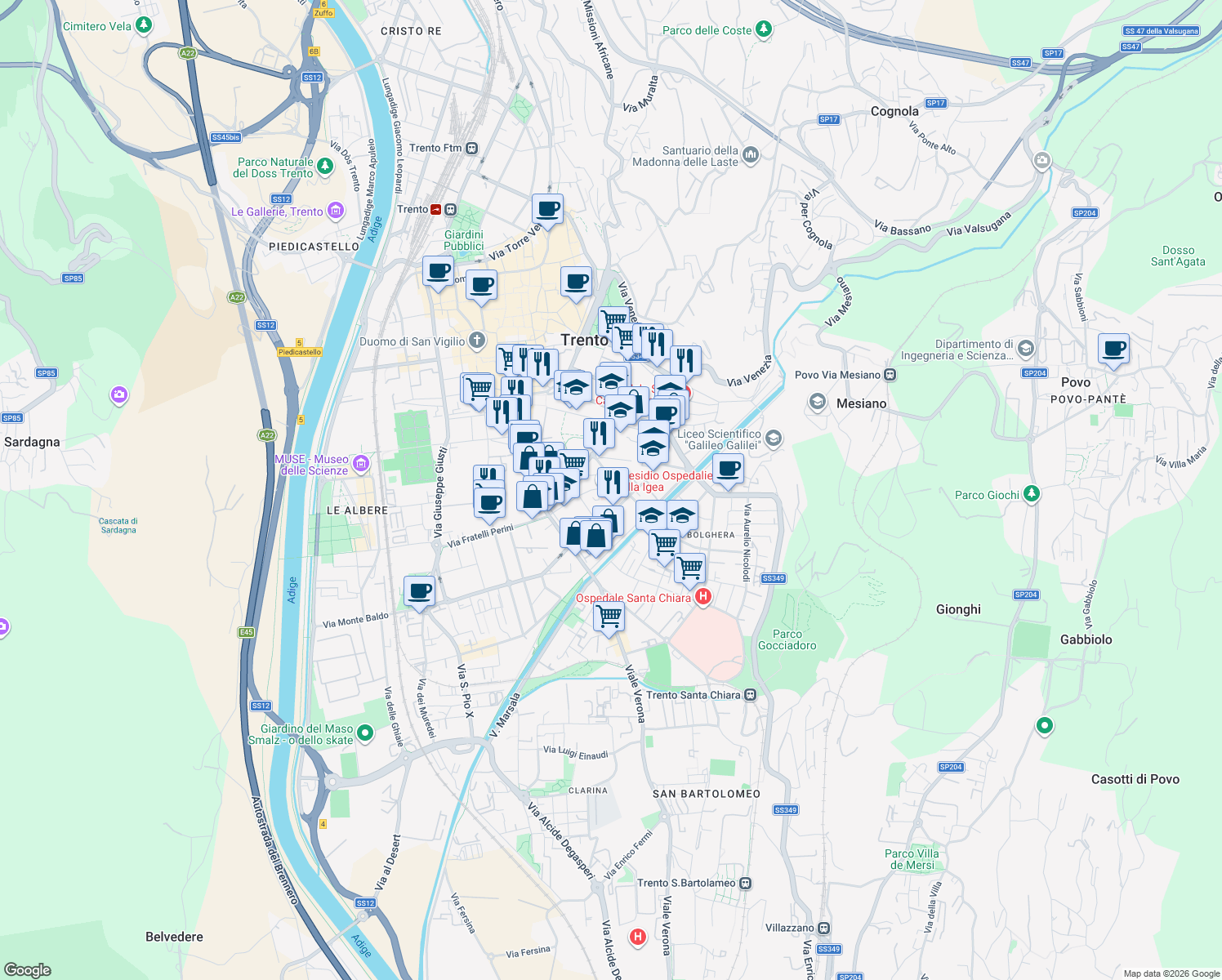 map of restaurants, bars, coffee shops, grocery stores, and more near 14 Via dei Mille in Trento