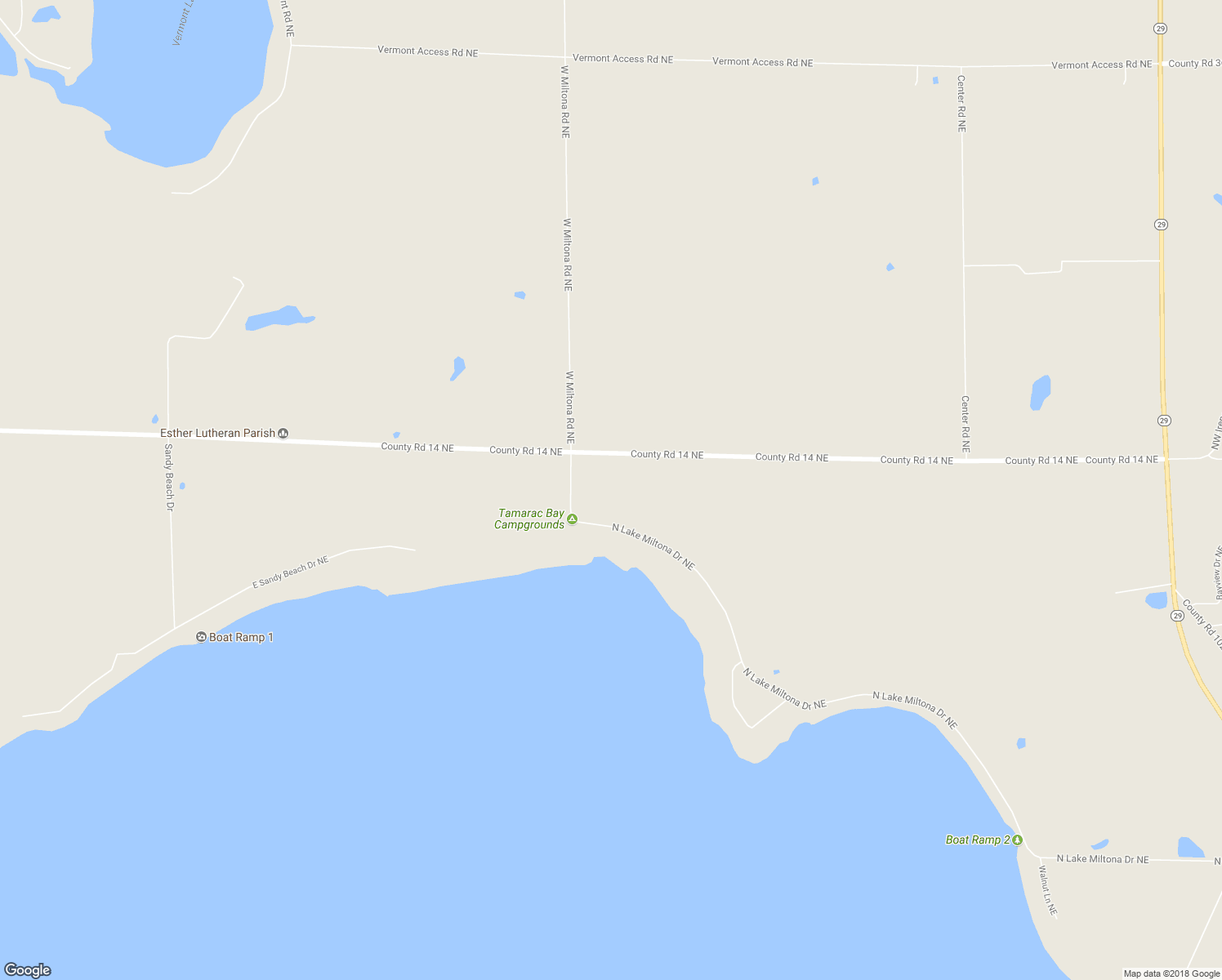 map of restaurants, bars, coffee shops, grocery stores, and more near 1729 North Lake Miltona Drive Northeast in Miltona