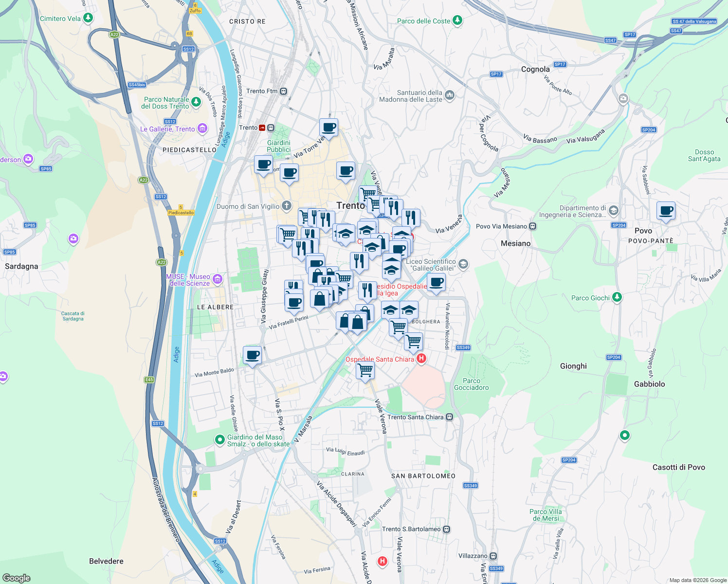 map of restaurants, bars, coffee shops, grocery stores, and more near Via Malta in Trent