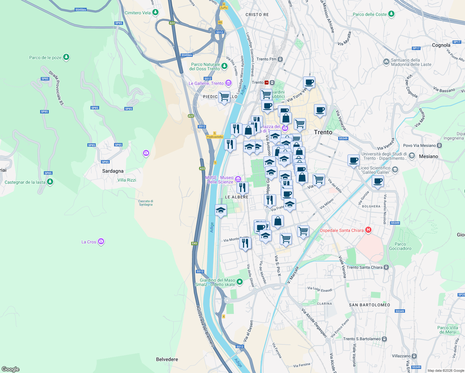 map of restaurants, bars, coffee shops, grocery stores, and more near 113 Viale della Costituzione in Trento