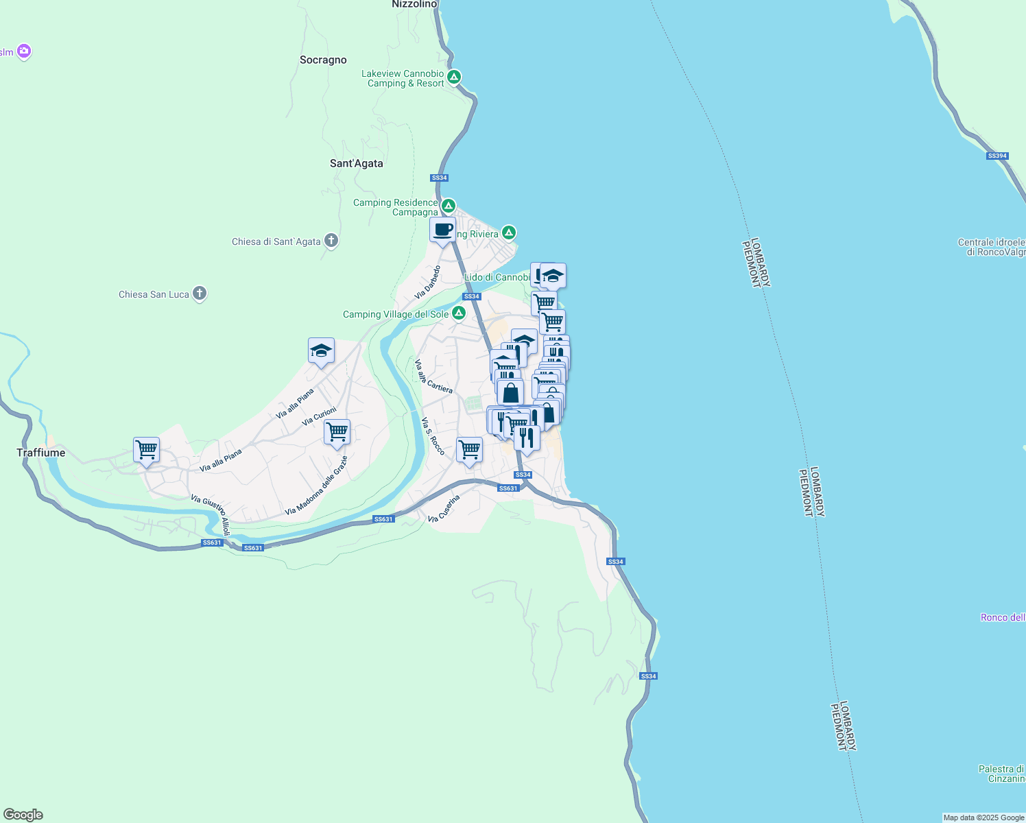 map of restaurants, bars, coffee shops, grocery stores, and more near 13 Strada Statale 34 del Lago Maggiore in Cannobio