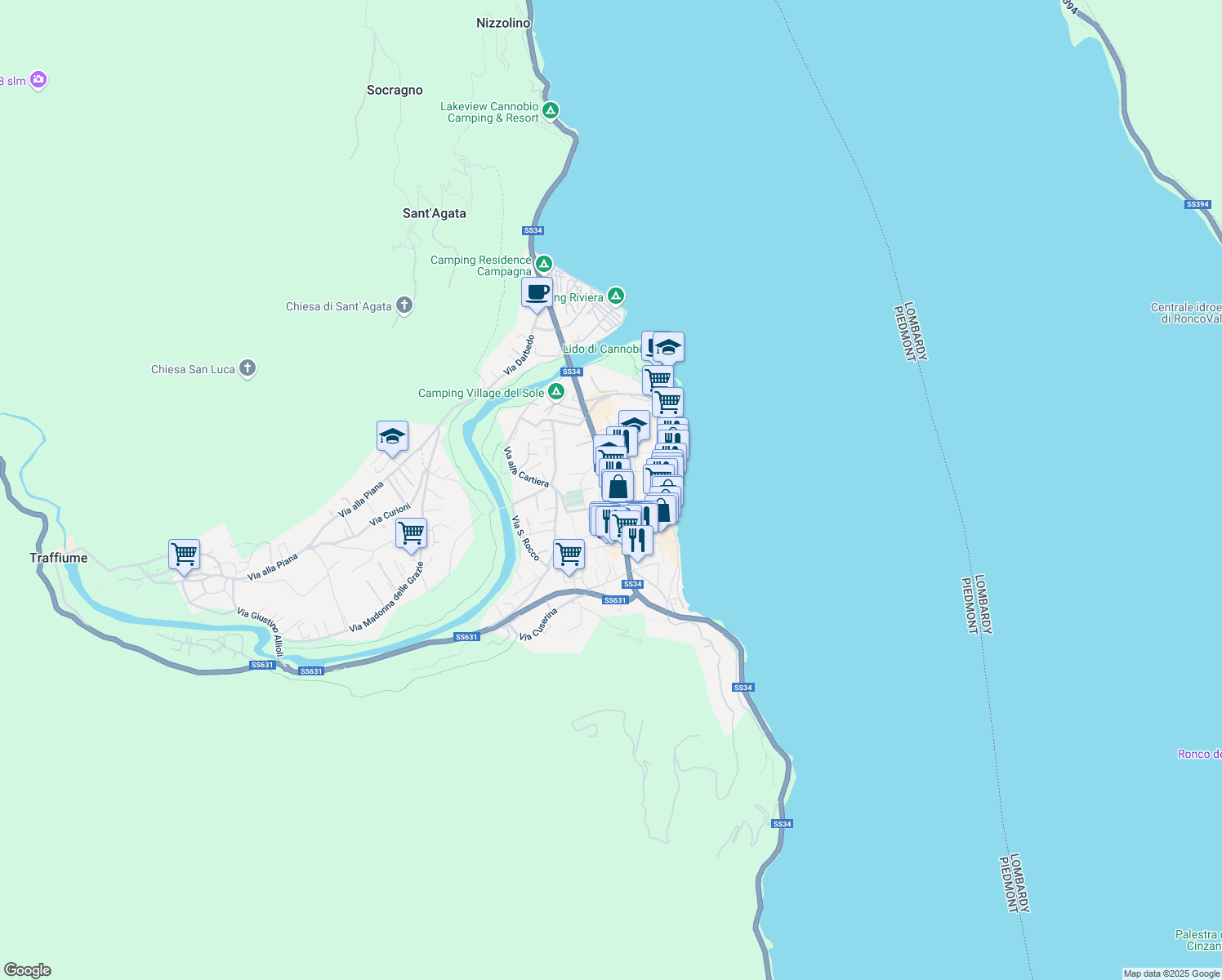 map of restaurants, bars, coffee shops, grocery stores, and more near 13 Strada Statale 34 del Lago Maggiore in Cannobio