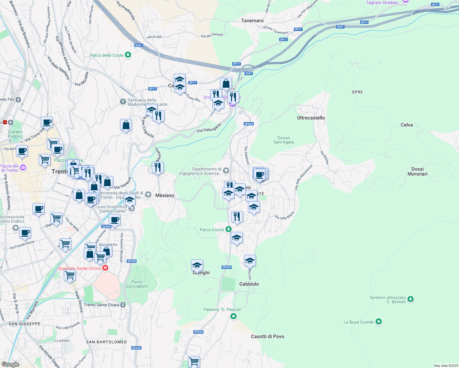 map of restaurants, bars, coffee shops, grocery stores, and more near Via Sommarive in Povo