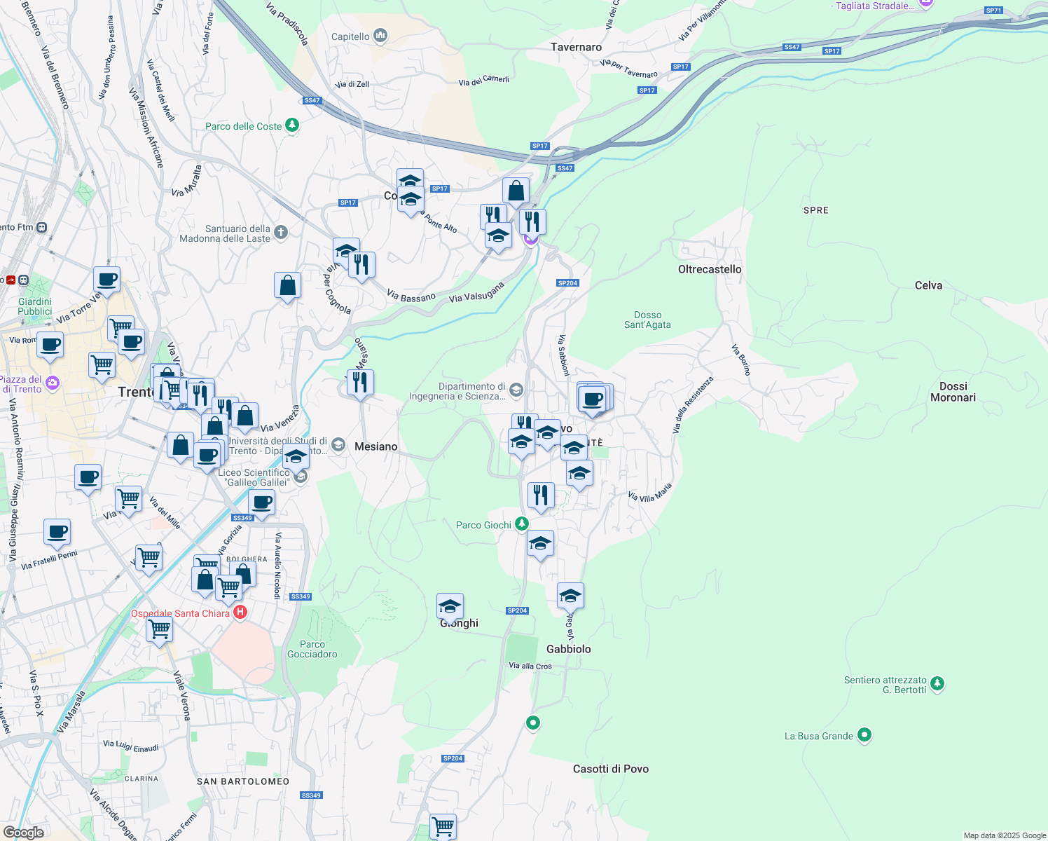 map of restaurants, bars, coffee shops, grocery stores, and more near Via Sommarive in Povo
