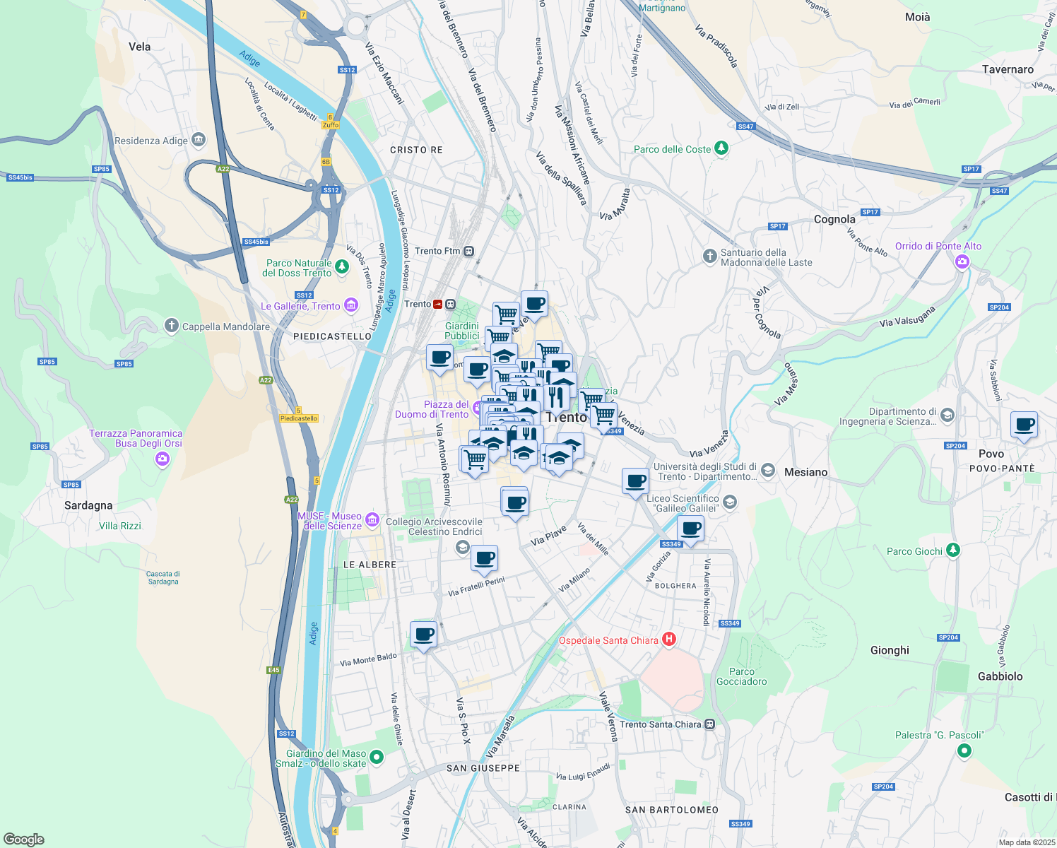 map of restaurants, bars, coffee shops, grocery stores, and more near Via Calepina in Trento