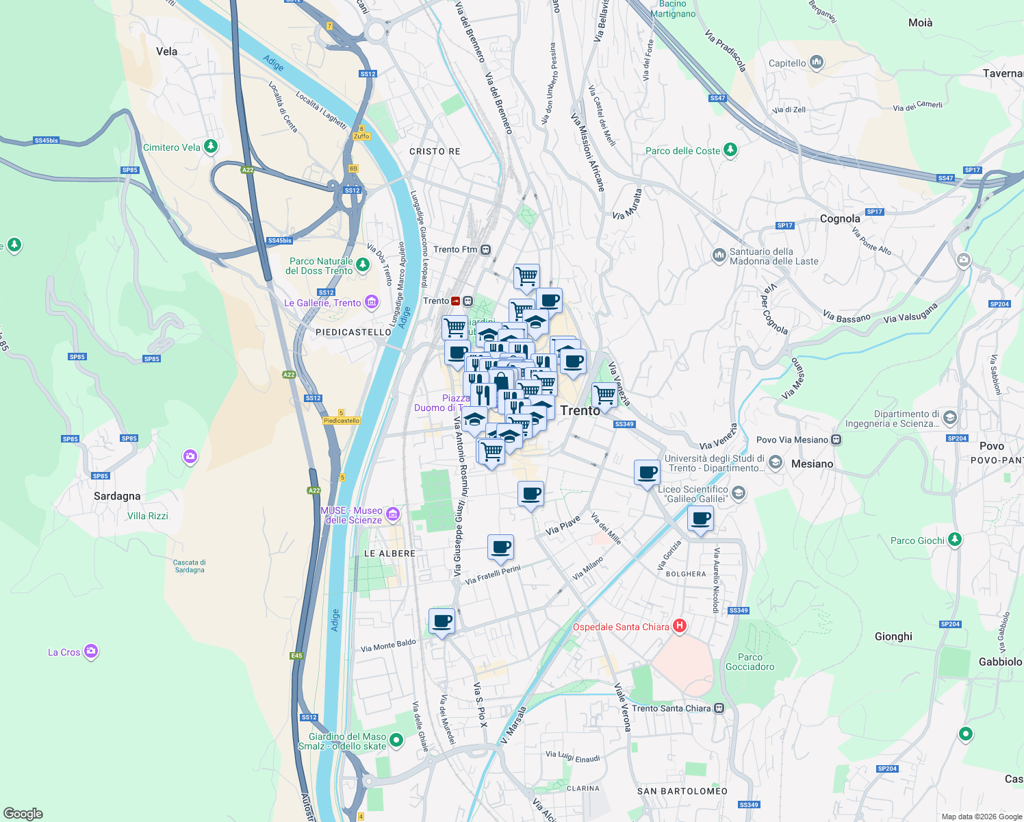 map of restaurants, bars, coffee shops, grocery stores, and more near 5 Via Carlo Dordi in Trento