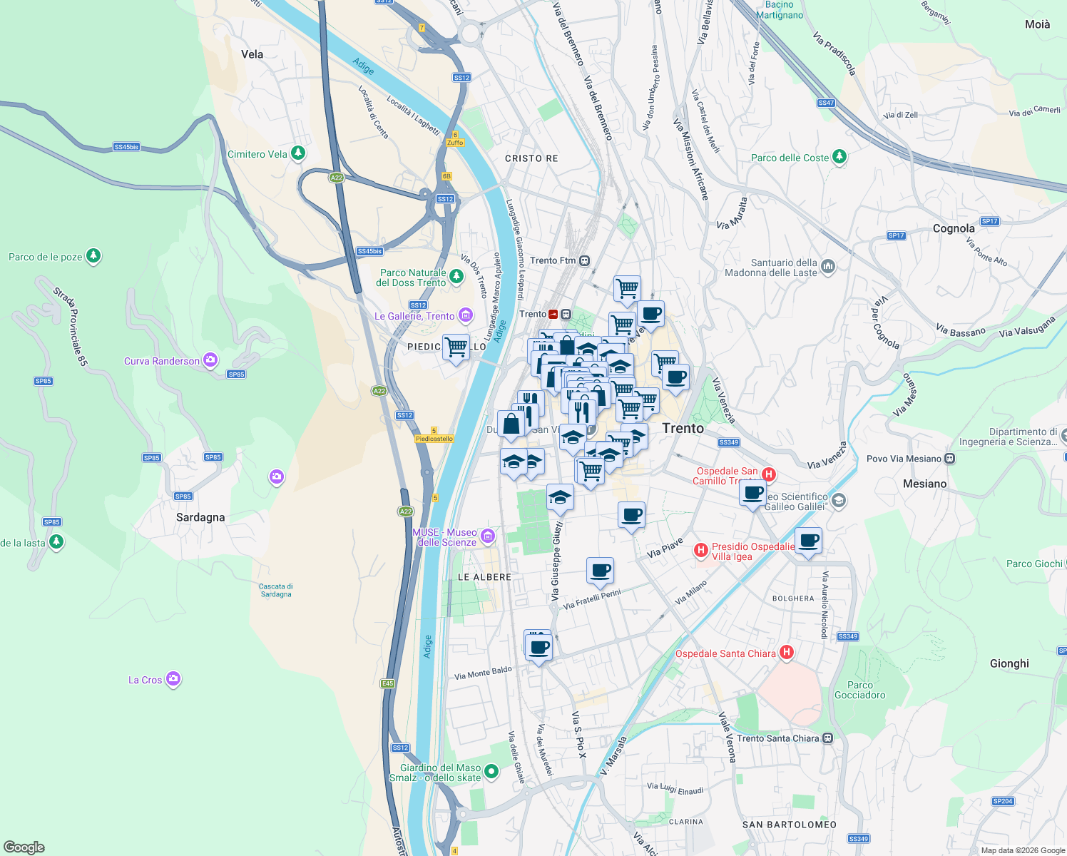 map of restaurants, bars, coffee shops, grocery stores, and more near 5 Via Giovanni Zanella in Trento