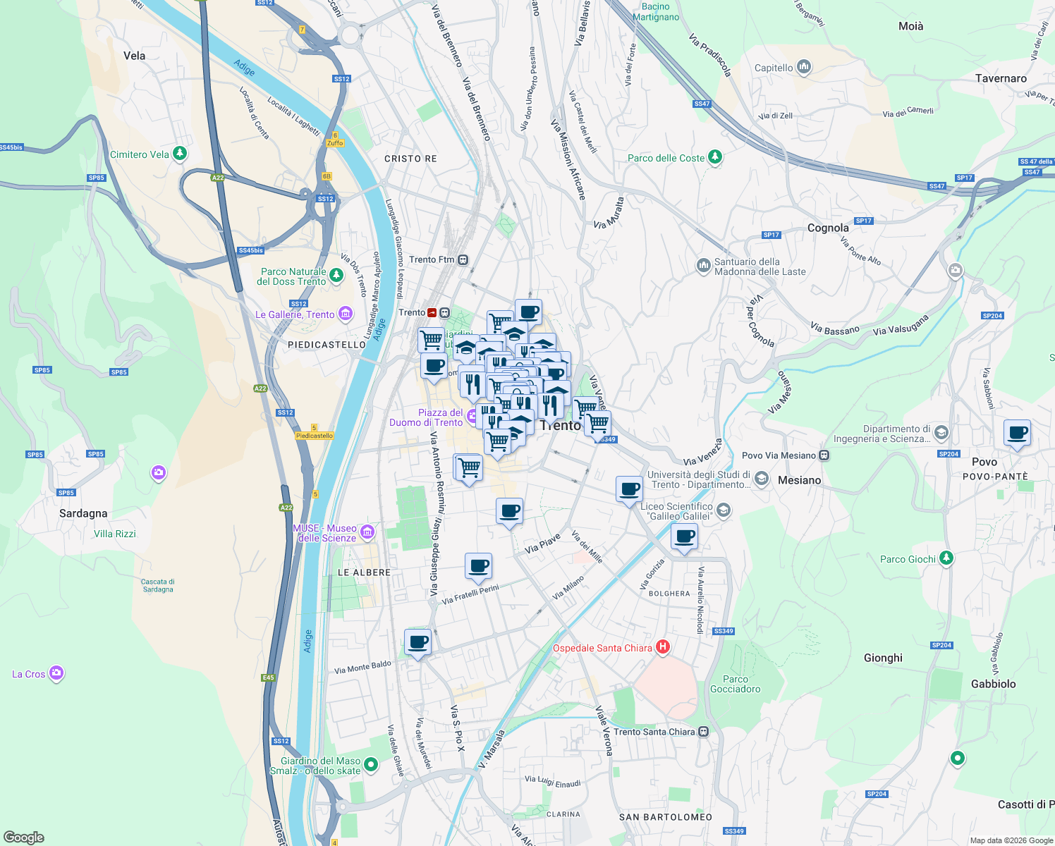 map of restaurants, bars, coffee shops, grocery stores, and more near 5 Via Carlo Dordi in Trento