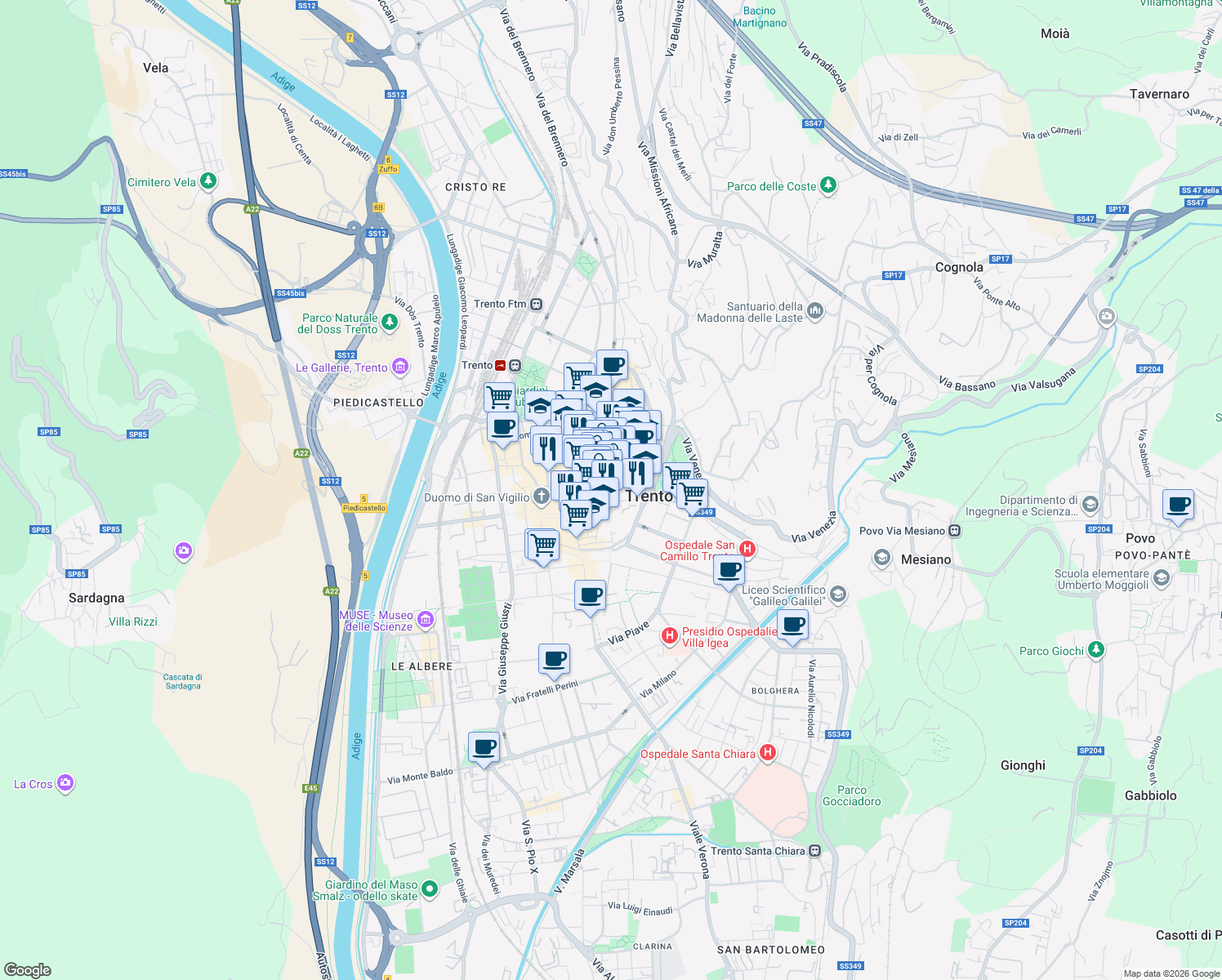 map of restaurants, bars, coffee shops, grocery stores, and more near 5 Via Carlo Dordi in Trento
