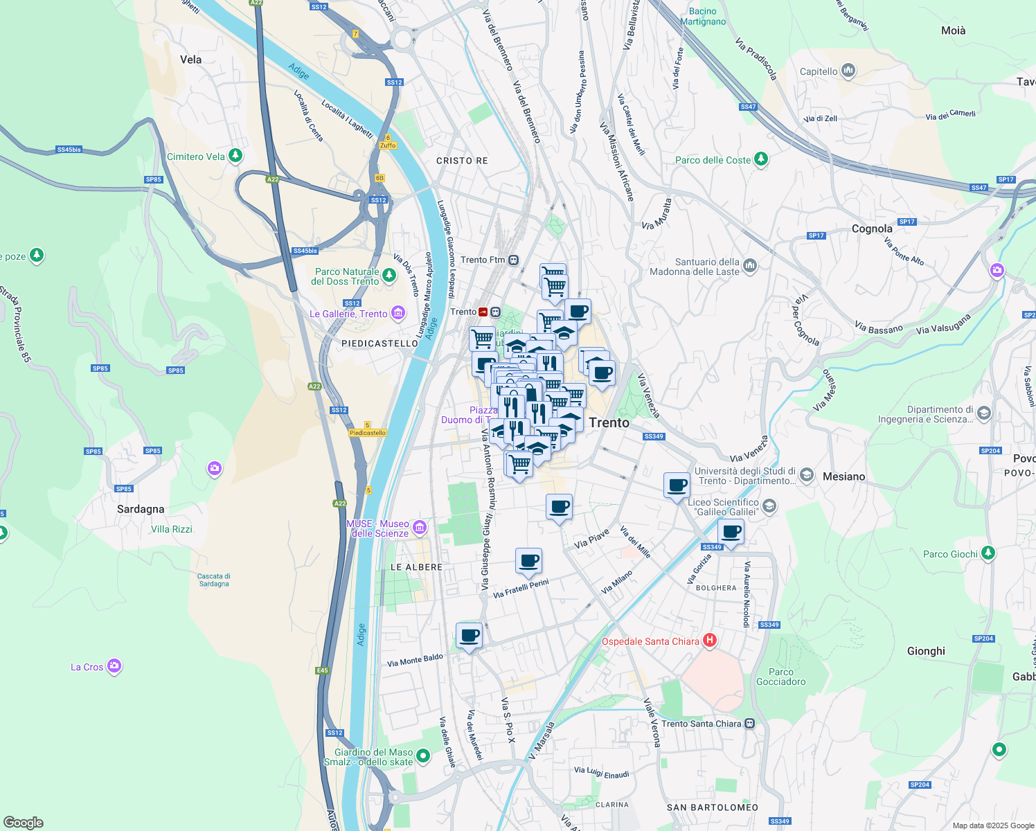 map of restaurants, bars, coffee shops, grocery stores, and more near 40 Piazza del Duomo in Trento