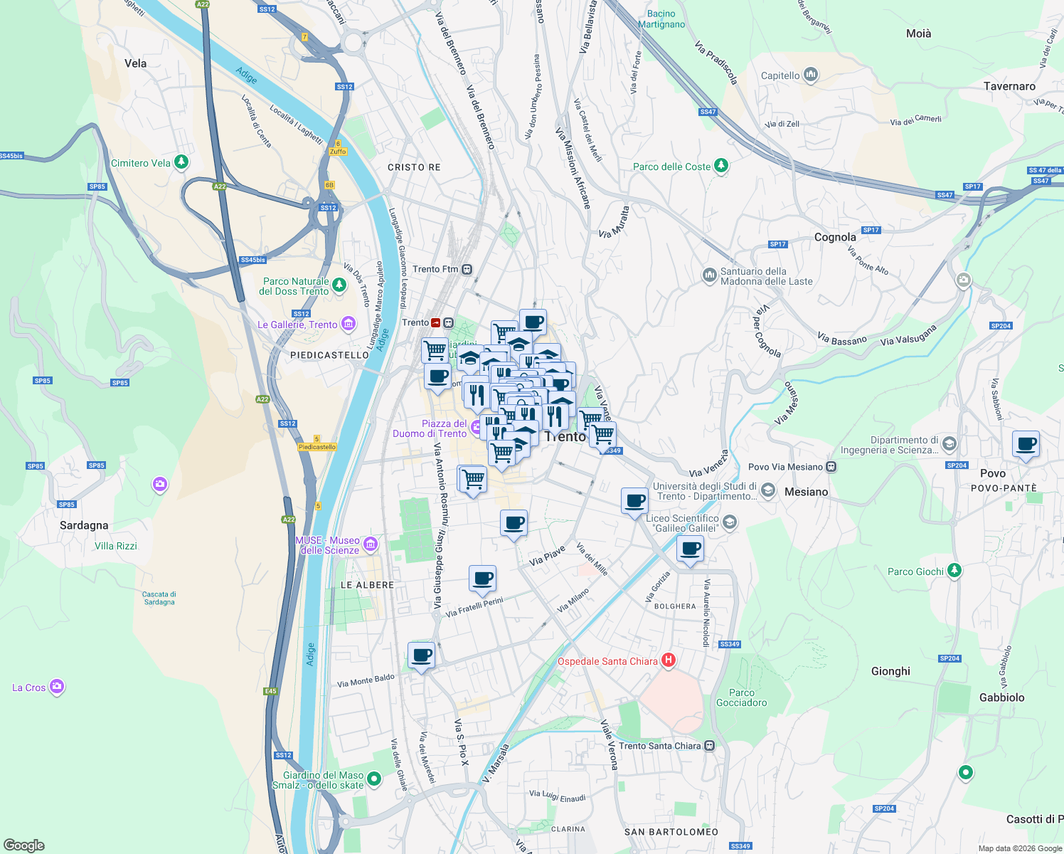 map of restaurants, bars, coffee shops, grocery stores, and more near 5 Via Carlo Dordi in Trento