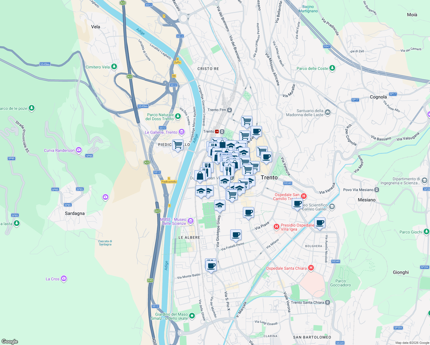 map of restaurants, bars, coffee shops, grocery stores, and more near 5 Via Giovanni Zanella in Trento