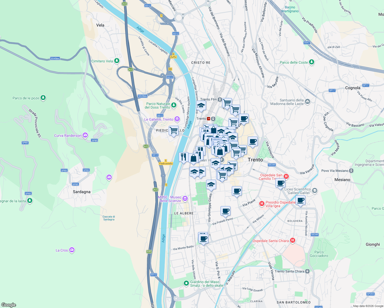 map of restaurants, bars, coffee shops, grocery stores, and more near Via Giuseppe Canestrini in Trento