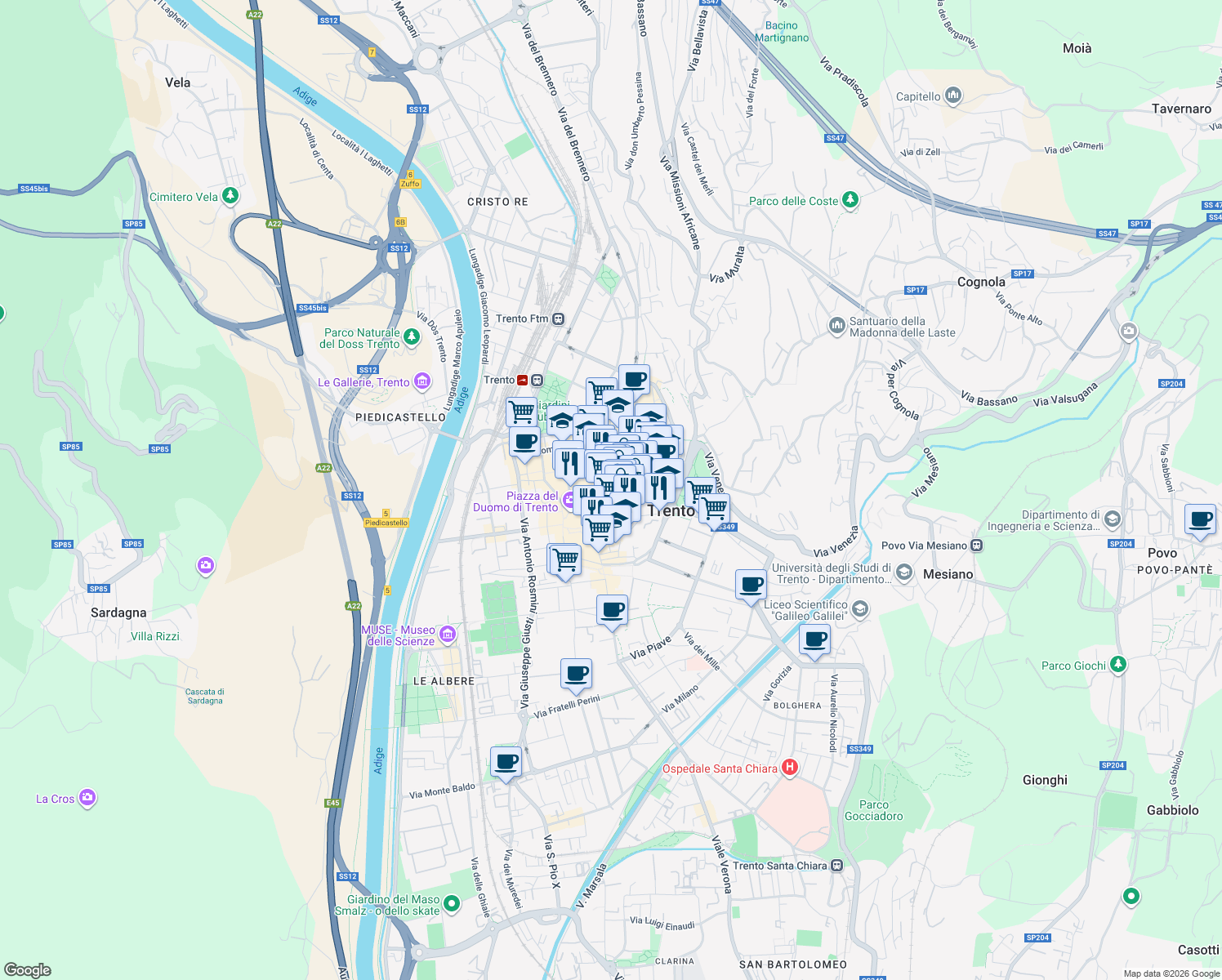 map of restaurants, bars, coffee shops, grocery stores, and more near 5 Via Carlo Dordi in Trento