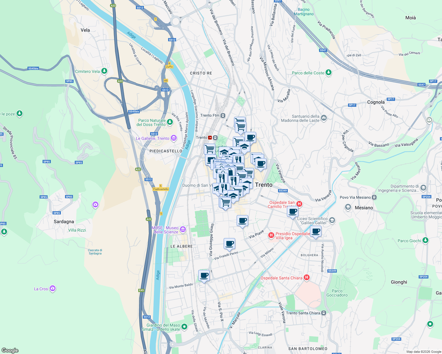 map of restaurants, bars, coffee shops, grocery stores, and more near 40 Piazza del Duomo in Trento