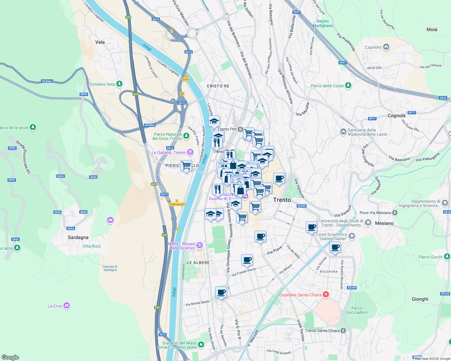 map of restaurants, bars, coffee shops, grocery stores, and more near 5 Via Torre Vanga in Trento