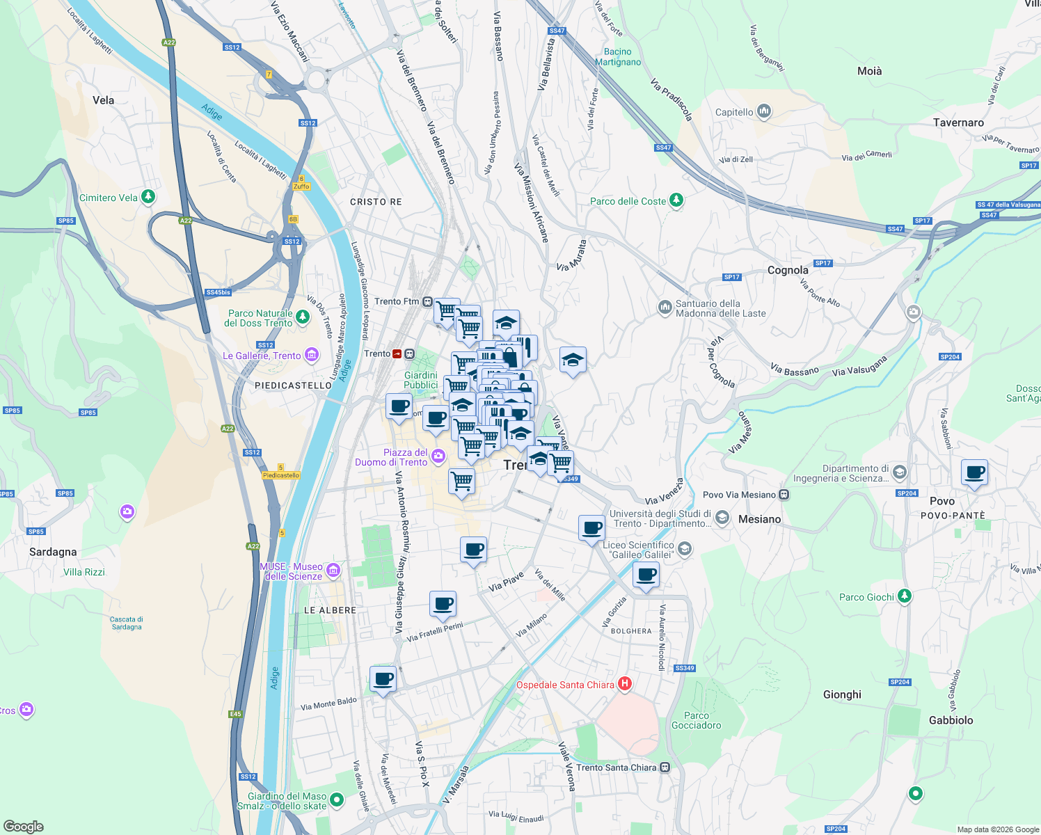 map of restaurants, bars, coffee shops, grocery stores, and more near 11 Via Livio Marchetti in Trento