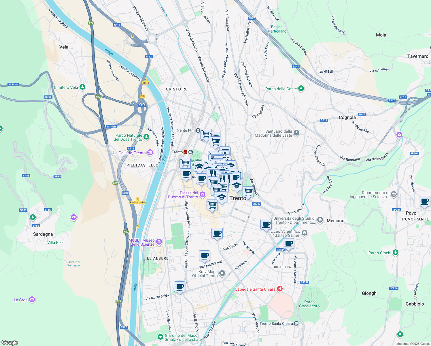map of restaurants, bars, coffee shops, grocery stores, and more near 57 Via Giannantonio Manci in Trento