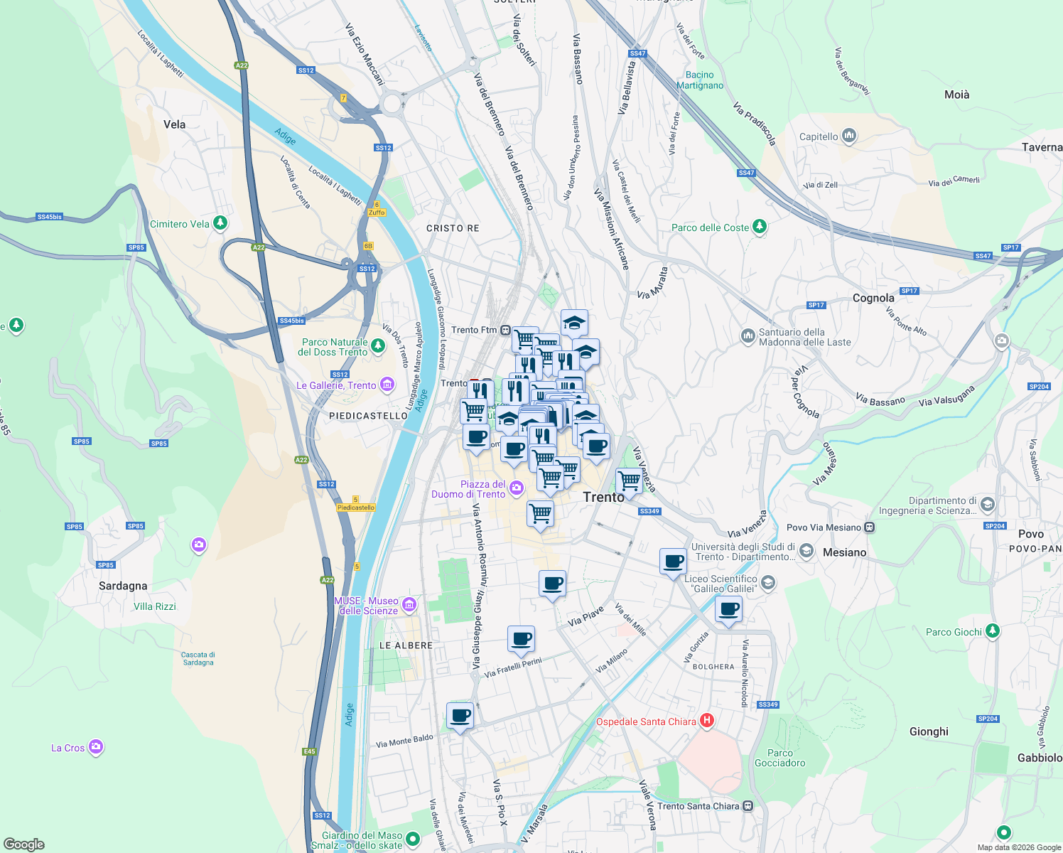 map of restaurants, bars, coffee shops, grocery stores, and more near 9 Via Torre Verde in Trento