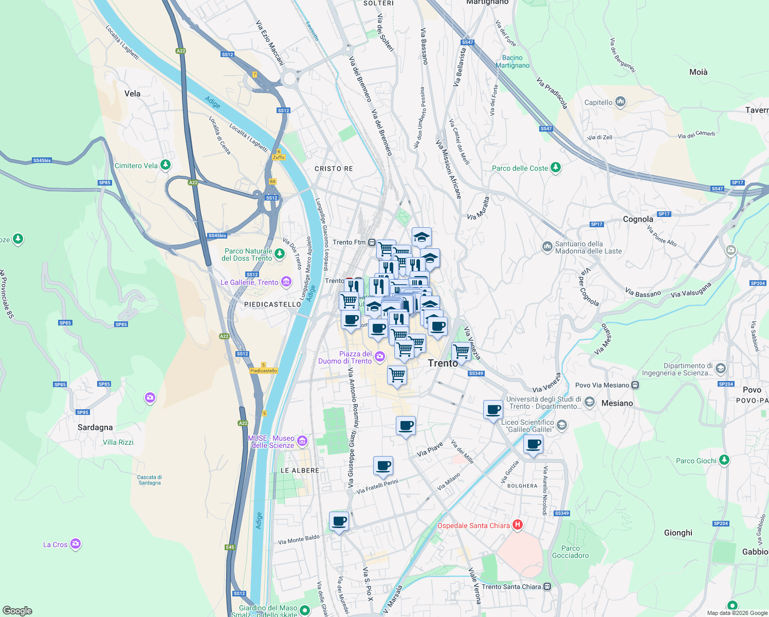 map of restaurants, bars, coffee shops, grocery stores, and more near 9 Via Torre Verde in Trento