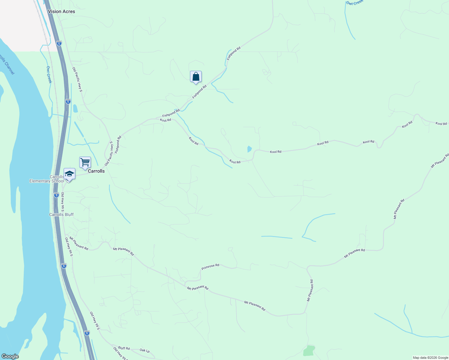 map of restaurants, bars, coffee shops, grocery stores, and more near 555 Kool Road in Kelso