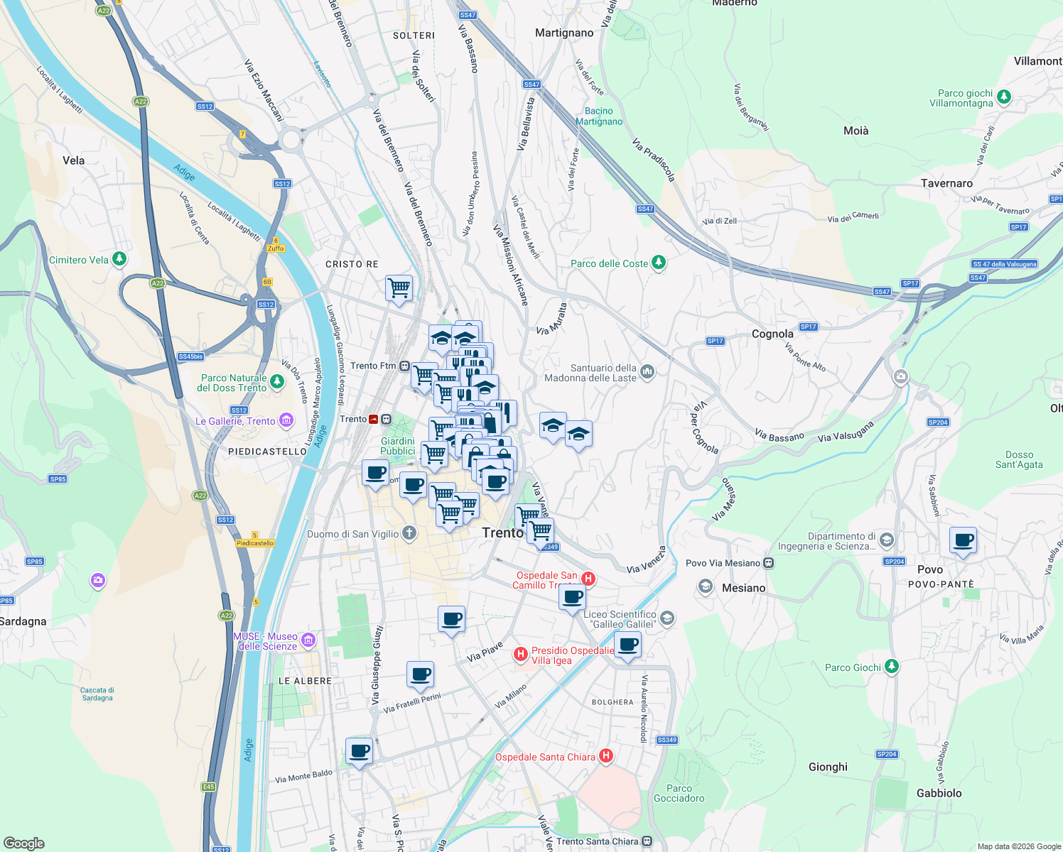 map of restaurants, bars, coffee shops, grocery stores, and more near 57 Via della Cervara in Trento