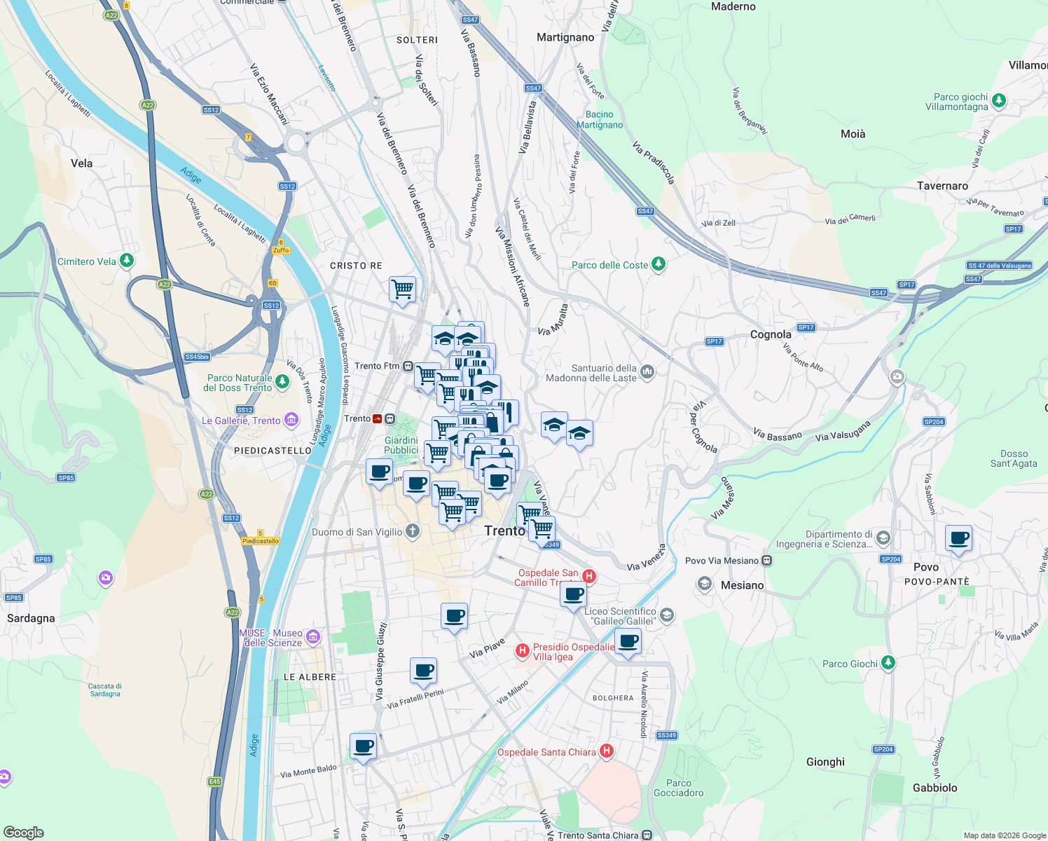 map of restaurants, bars, coffee shops, grocery stores, and more near 55-57 Via della Cervara in Trento