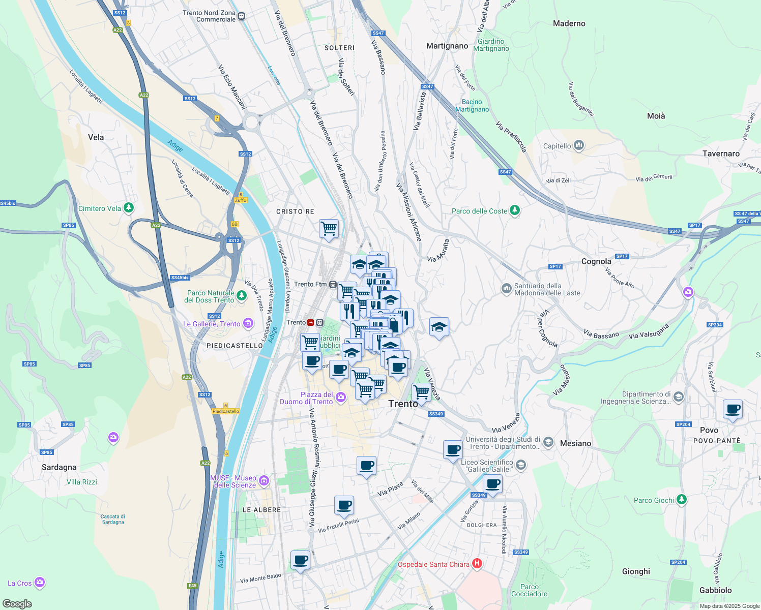 map of restaurants, bars, coffee shops, grocery stores, and more near 8 Via Alessandro Manzoni in Trento