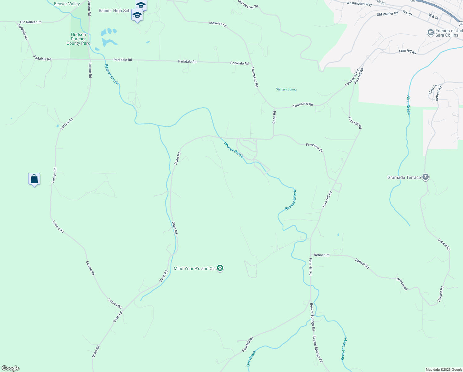 map of restaurants, bars, coffee shops, grocery stores, and more near 74500 Deal Road in Rainier