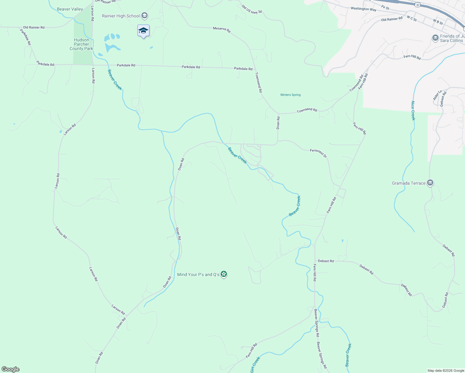 map of restaurants, bars, coffee shops, grocery stores, and more near 74500 Deal Road in Rainier