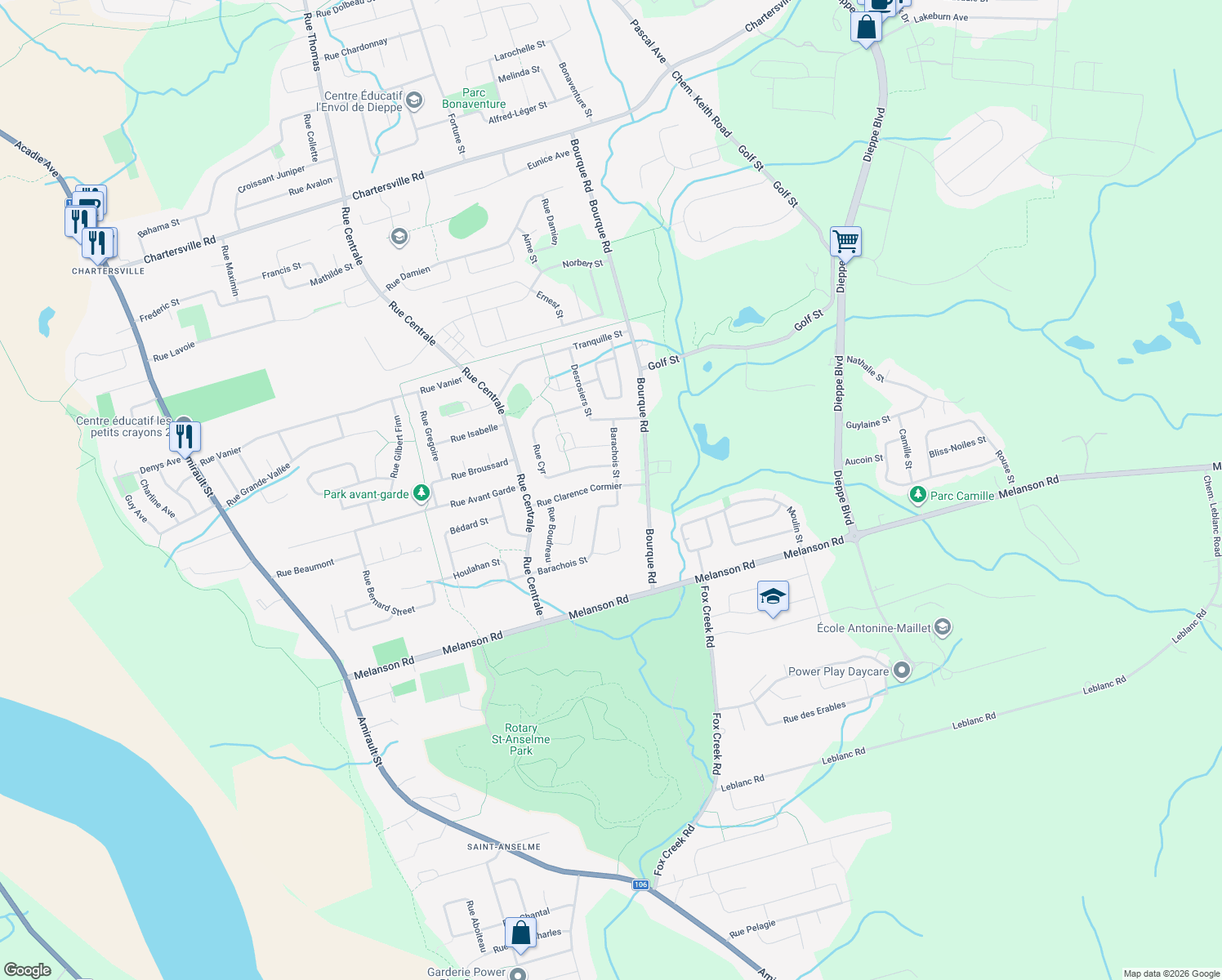 map of restaurants, bars, coffee shops, grocery stores, and more near 1053 Barachois St in Dieppe