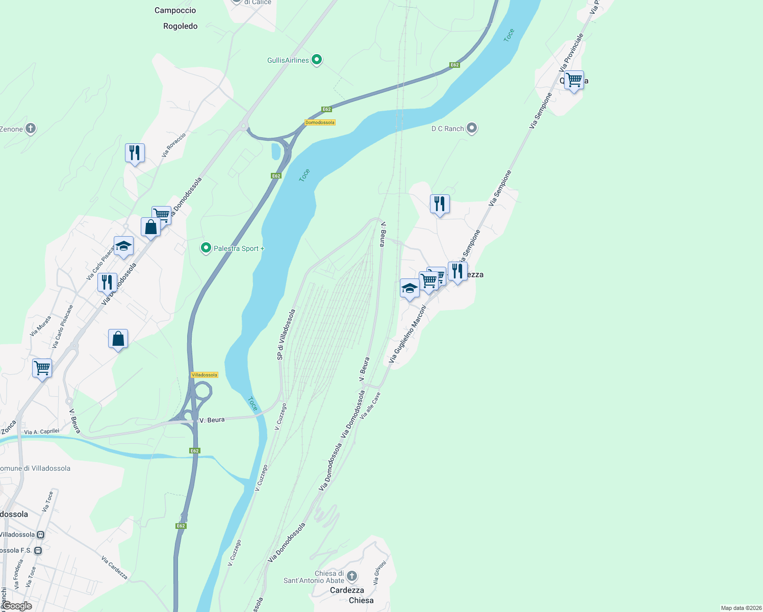 map of restaurants, bars, coffee shops, grocery stores, and more near 14 Strada Provinciale di Villadossola in Provincia del Verbano-Cusio-Ossola