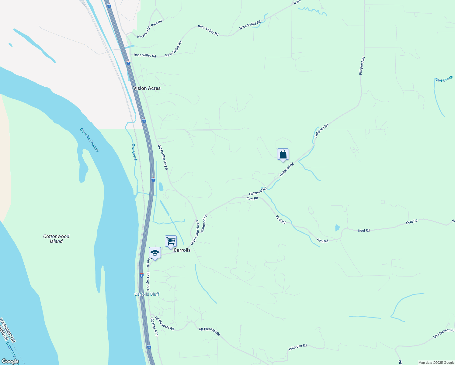 map of restaurants, bars, coffee shops, grocery stores, and more near 205 Divide Road in Kelso