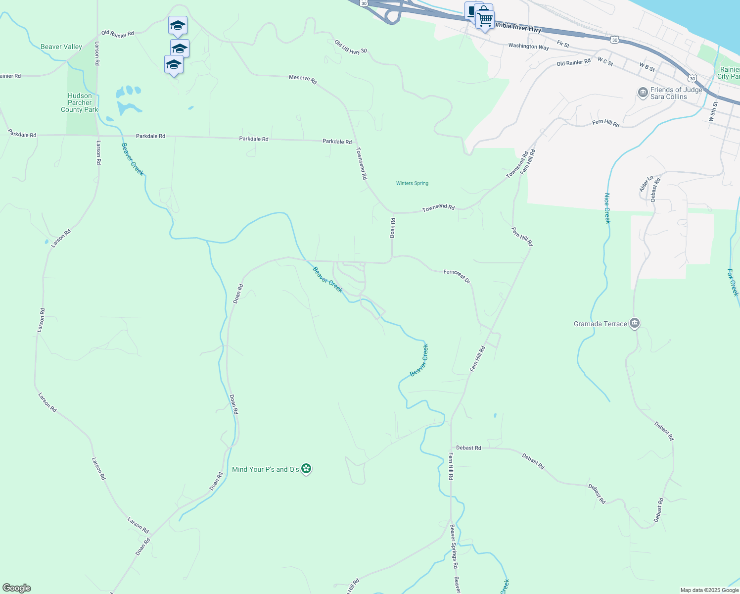 map of restaurants, bars, coffee shops, grocery stores, and more near 74866 Doan Road in Rainier