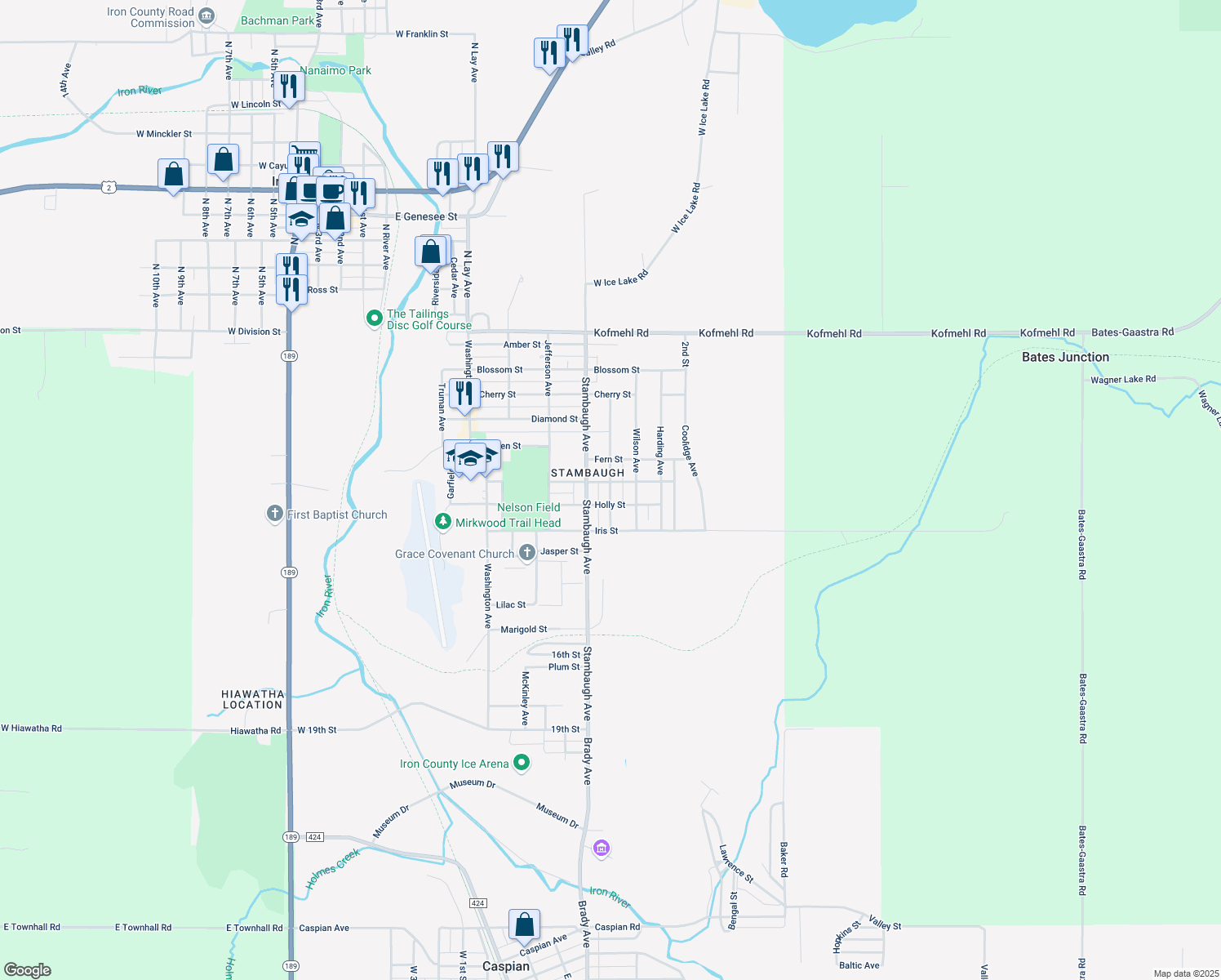 map of restaurants, bars, coffee shops, grocery stores, and more near 711 Roosevelt Ave in Iron River
