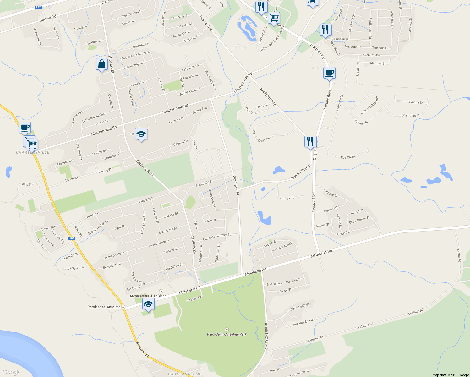 map of restaurants, bars, coffee shops, grocery stores, and more near 1011 Bourque Road in Dieppe