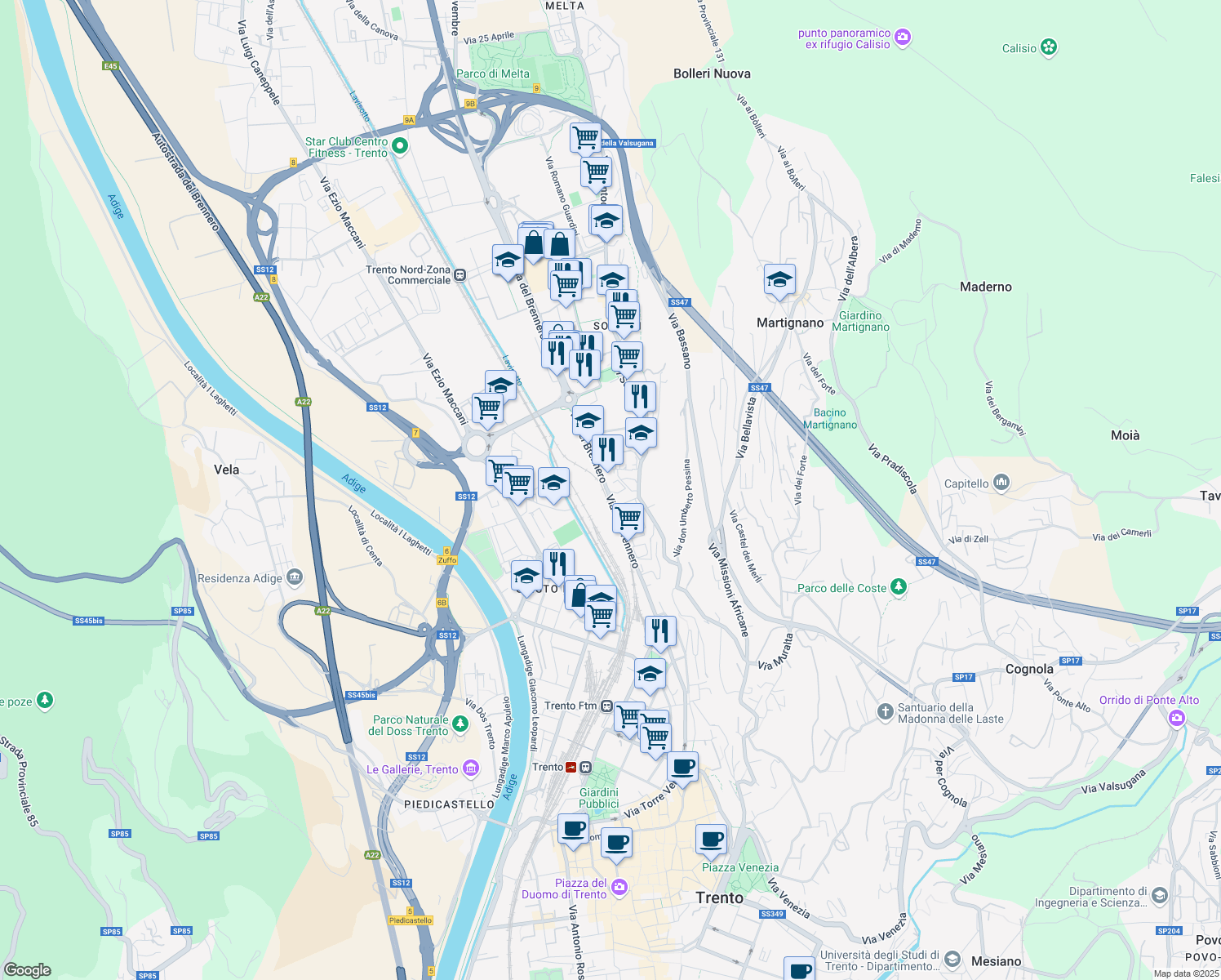 map of restaurants, bars, coffee shops, grocery stores, and more near 182 Via del Brennero in Trento