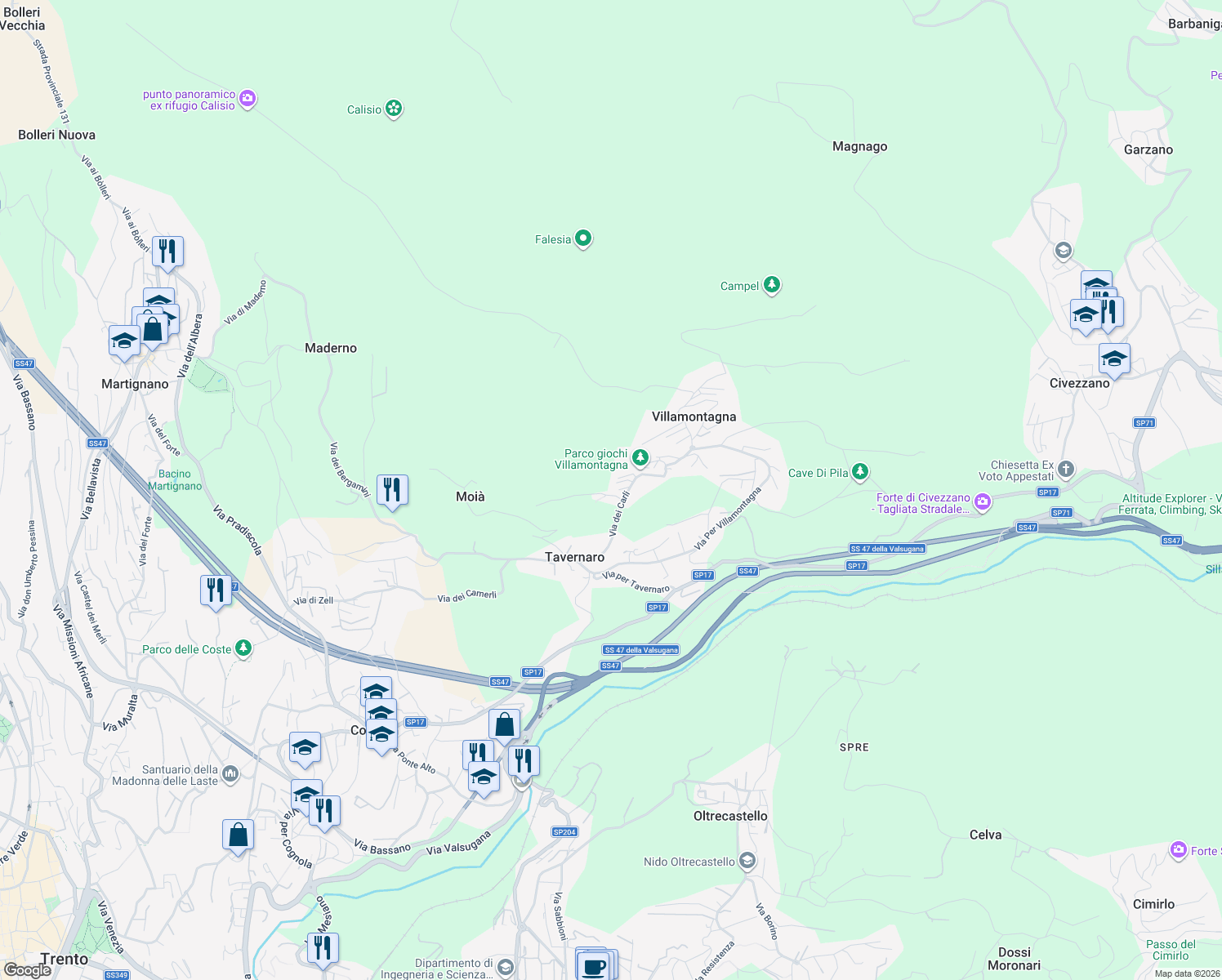 map of restaurants, bars, coffee shops, grocery stores, and more near 8 via per Chiogna in Trento