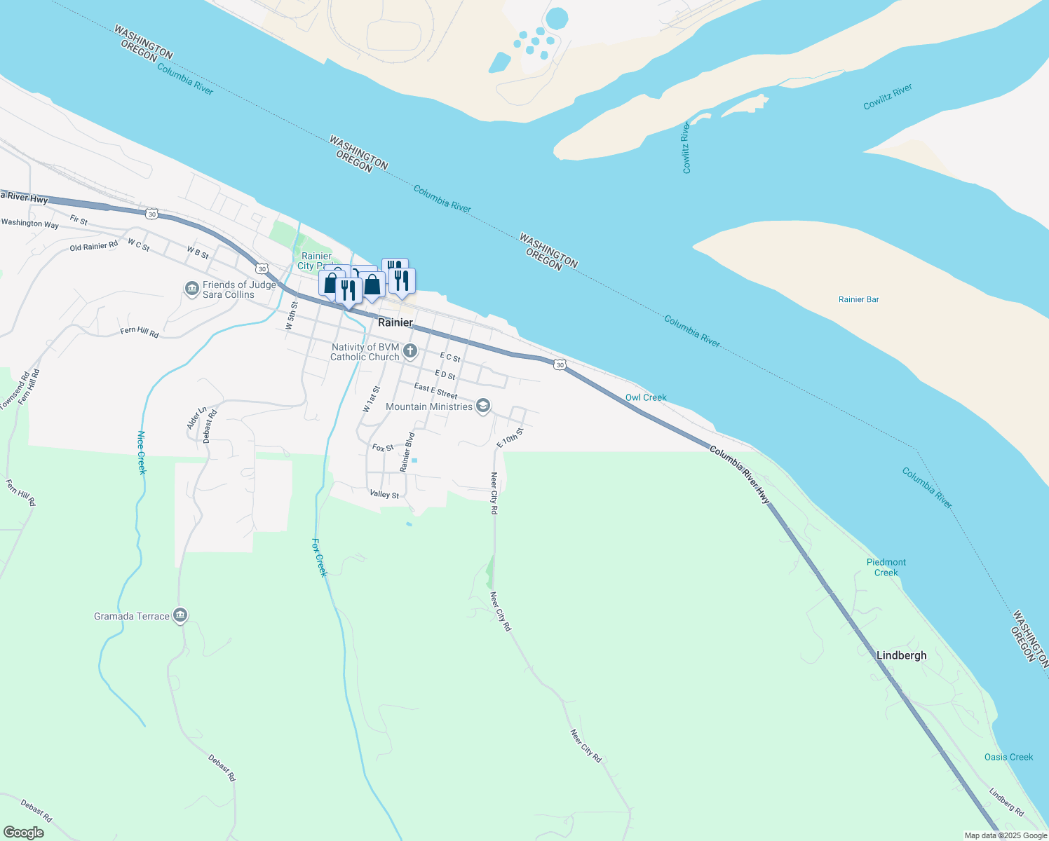 map of restaurants, bars, coffee shops, grocery stores, and more near 912 East F Street in Rainier