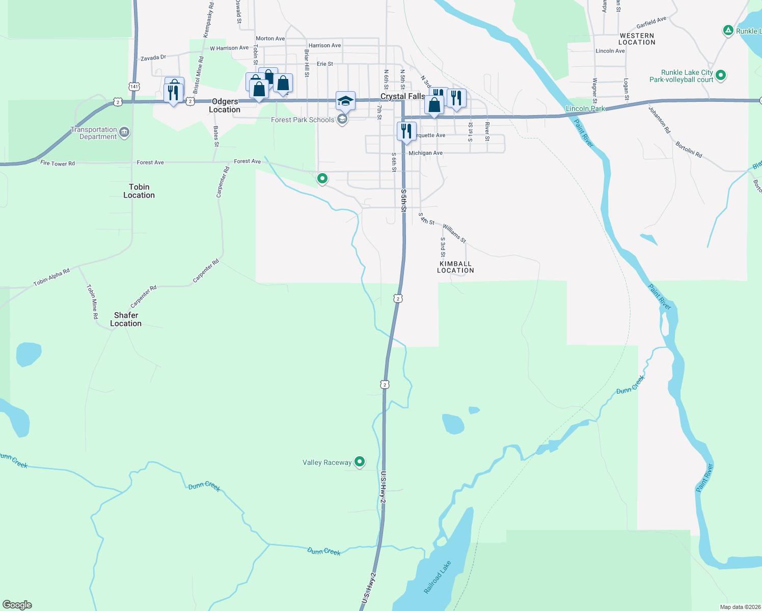 map of restaurants, bars, coffee shops, grocery stores, and more near 1311 Old US Highway 2 in Crystal Falls