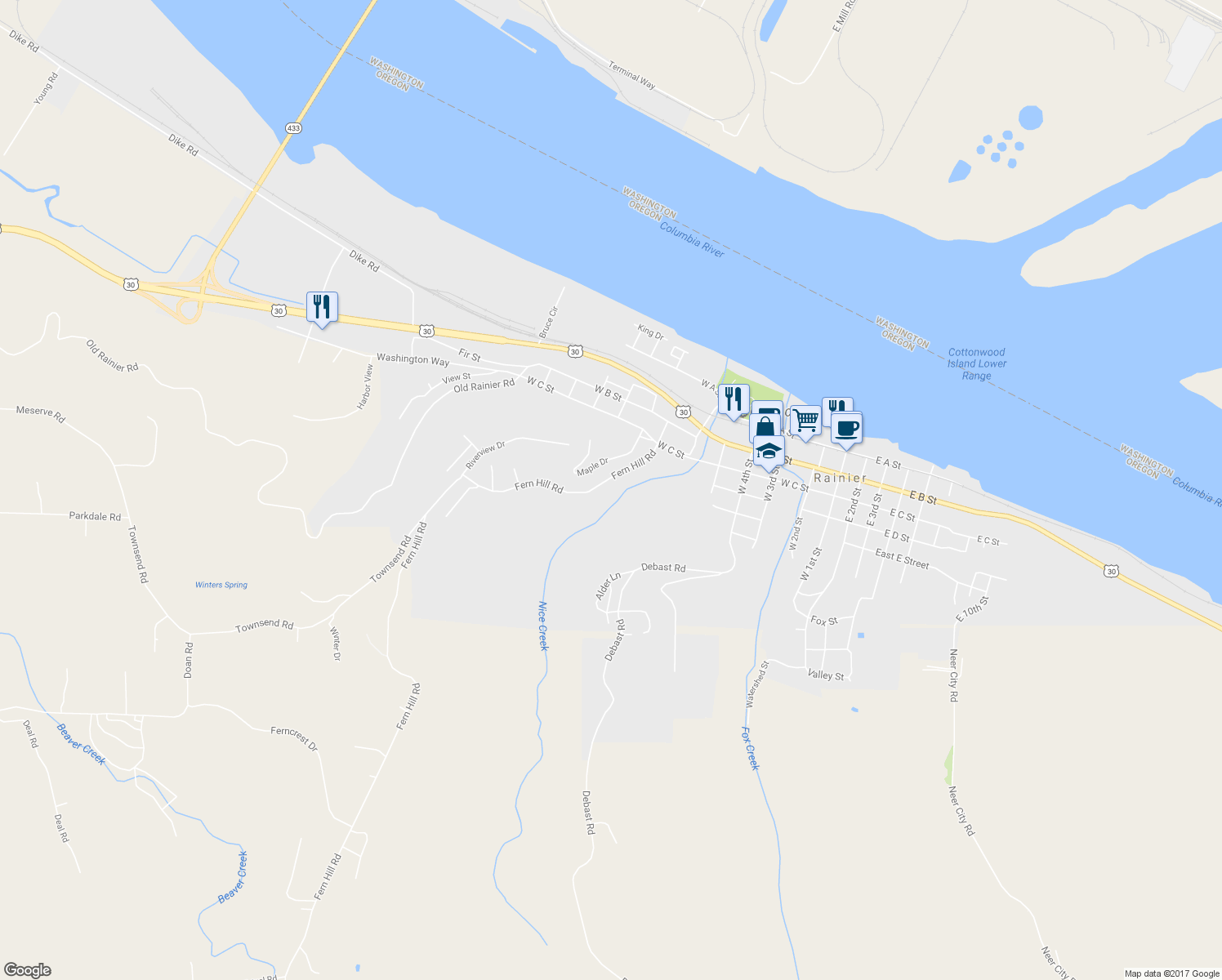 map of restaurants, bars, coffee shops, grocery stores, and more near 75514 Fern Hill Road in Rainier