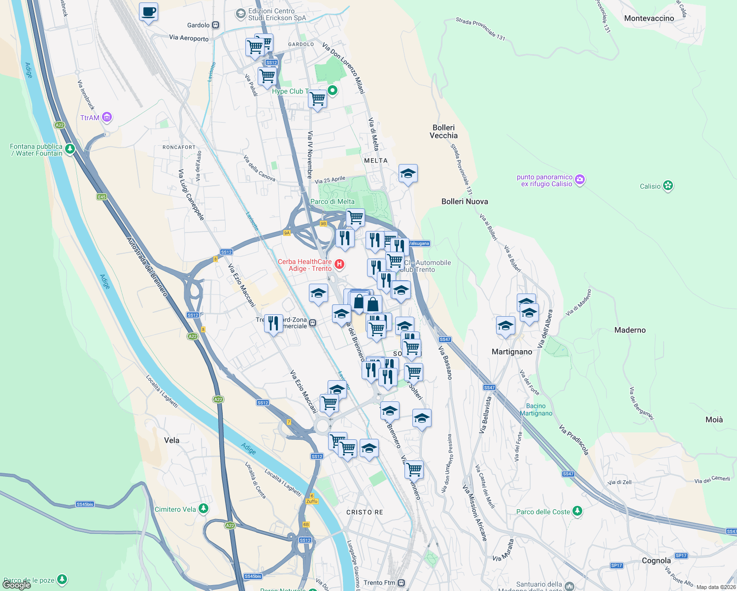 map of restaurants, bars, coffee shops, grocery stores, and more near 40 Via Renato Lunelli in Trento