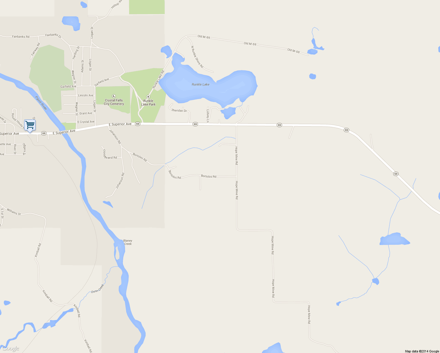 map of restaurants, bars, coffee shops, grocery stores, and more near 649 Bortolini Road in Crystal Falls