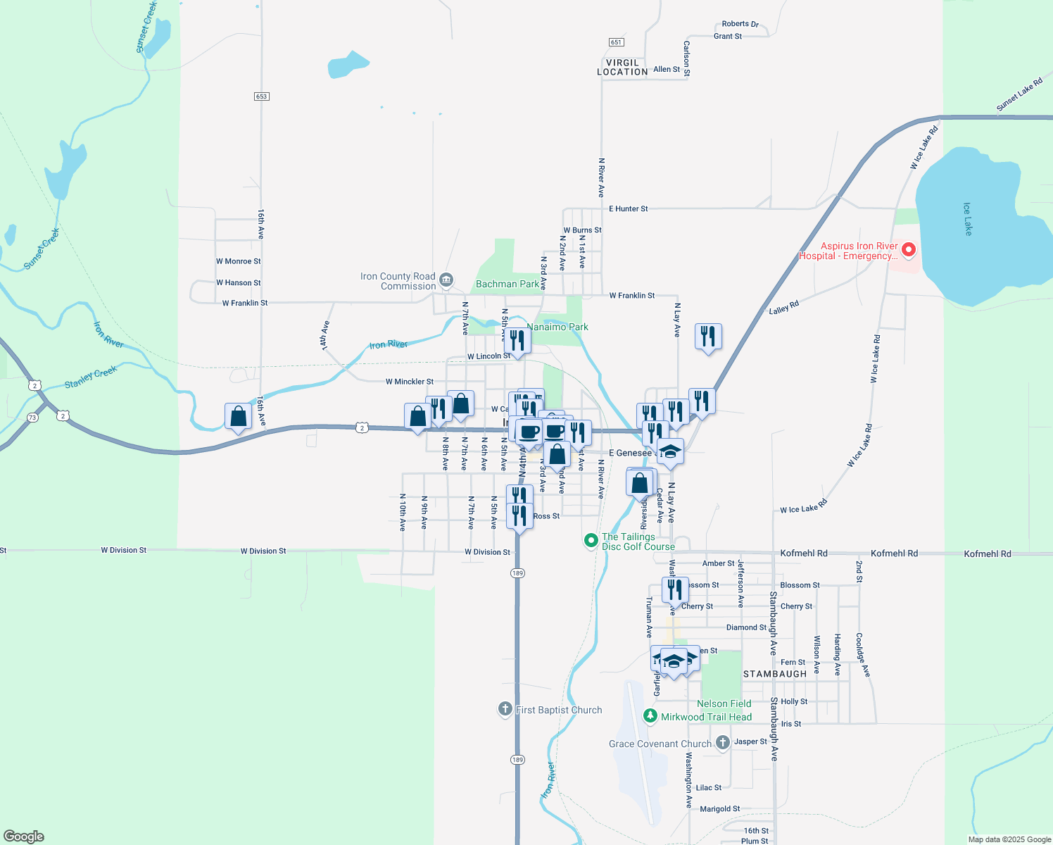 map of restaurants, bars, coffee shops, grocery stores, and more near in Iron River